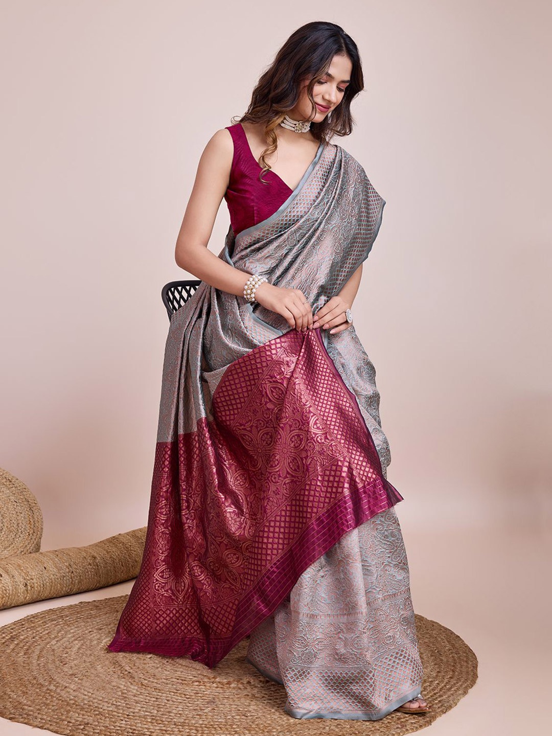 

CARTYSHOP Floral Zari Kanjeevaram Saree, Blue