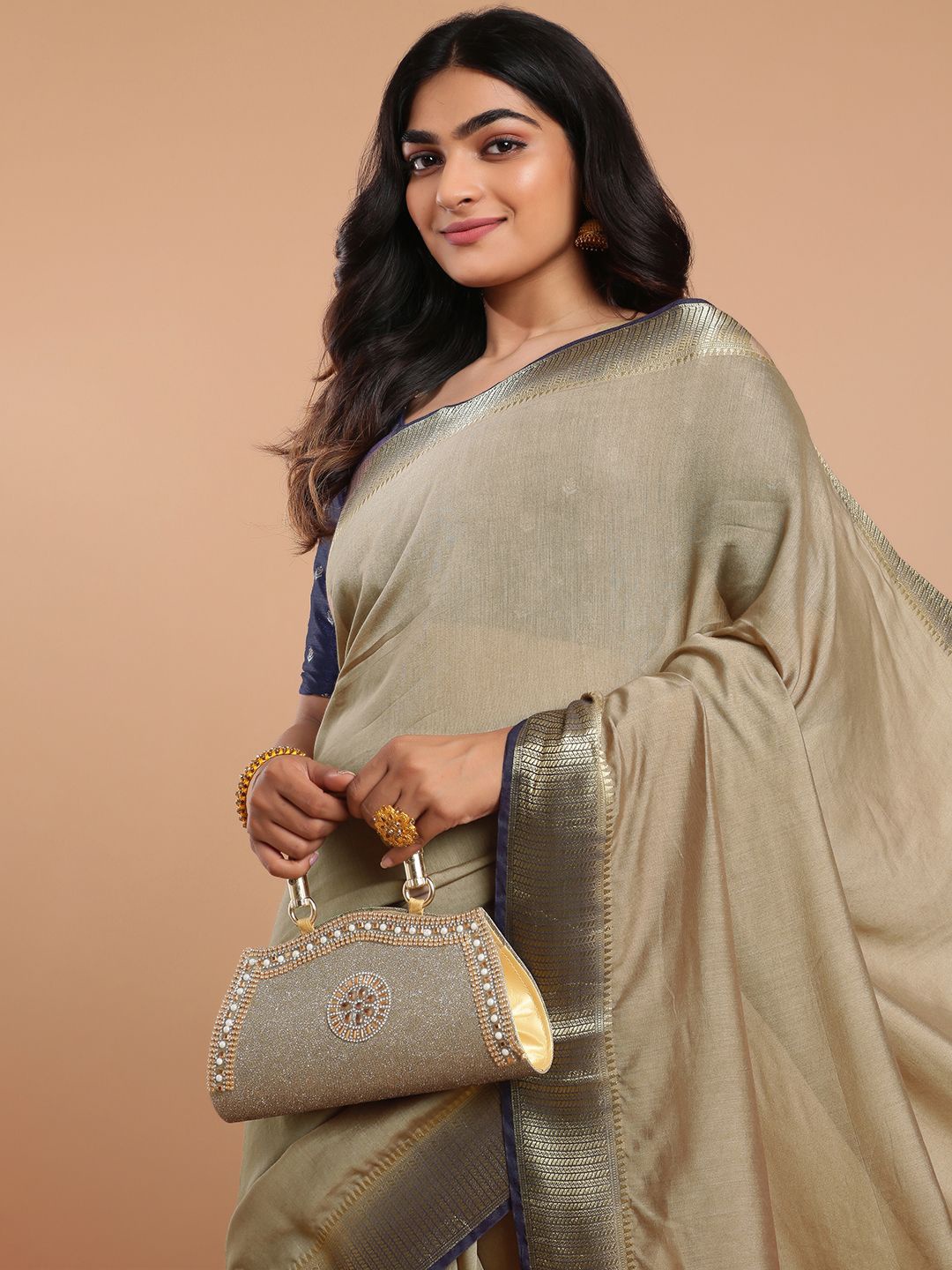 

Kalyan Silks Zari Silk Blend Chanderi Saree With Blouse Piece, Brown