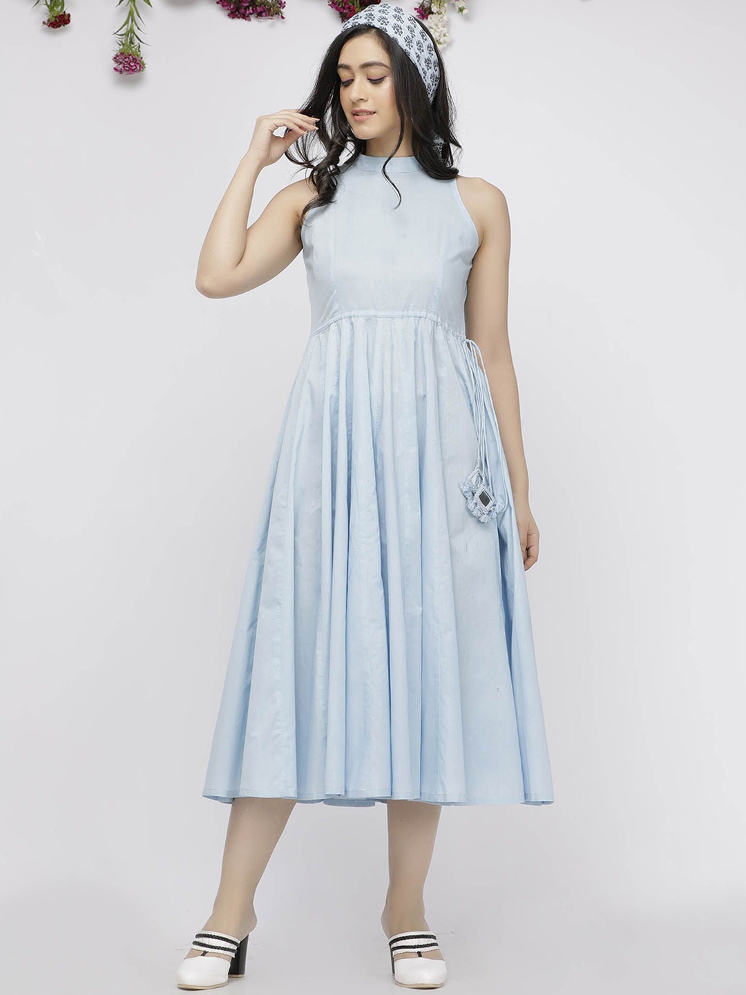 

TJORI High Neck Sleeveless Cotton Fit & Flare Dress, Blue