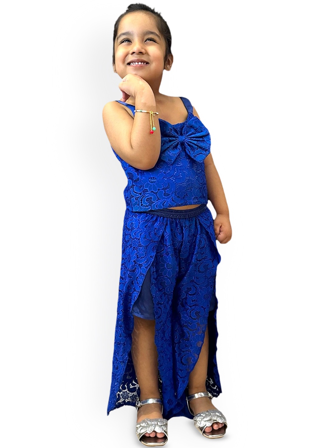 

Samsara Couture Girls Self Design Shoulder Straps Top with Front Slit Trousers, Blue