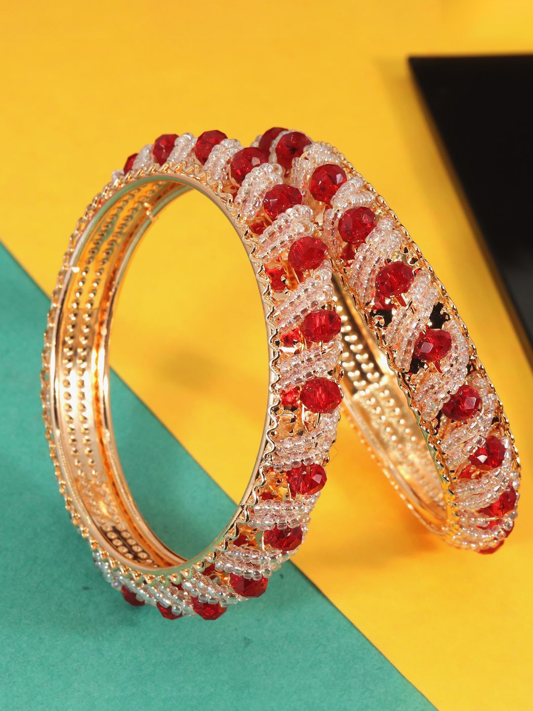 

ZULKA Set Of 2 Rose Gold-Plated Beaded Bangles