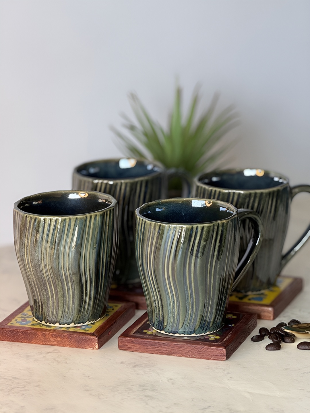 

ARAVALII Green 4 Pieces Textured Ceramic Mugs 250ml