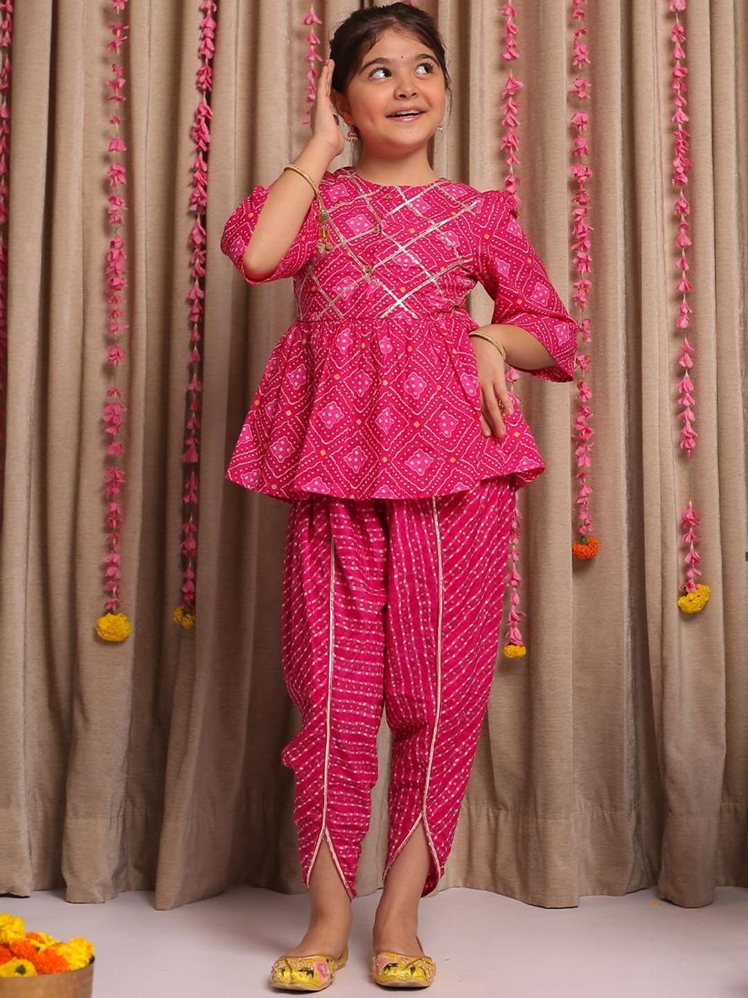 

Budding Bees Girls Bandhani Printed Gotta Patti Pure Cotton A-Line Kurta With Dhoti, Pink