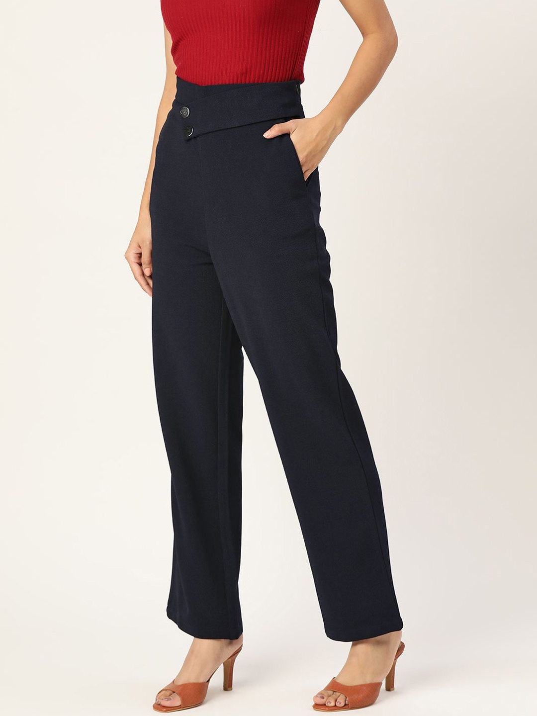 

Zastraa Women Relaxed Straight Leg Straight Fit High-Rise Parallel Trousers, Navy blue