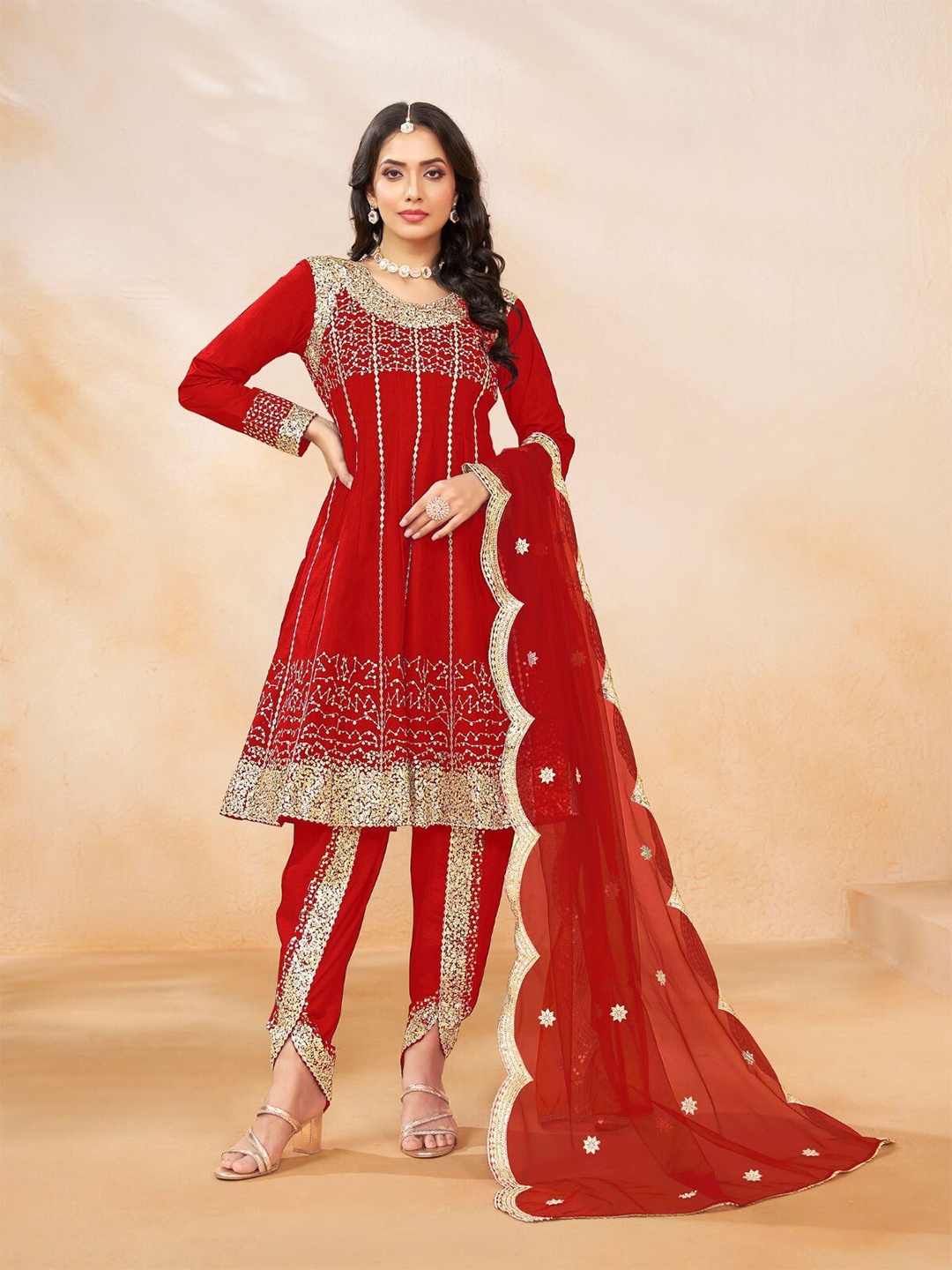 

ODETTE Embroidered Sequined Anarkali Kurta with Dhoti Pants & Dupatta, Red