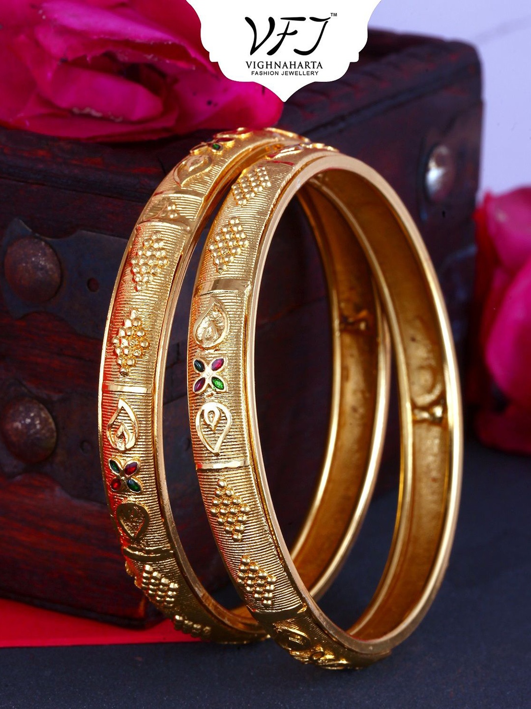 

Vighnaharta Set Of 2 Gold-Plated Stone -Studded Bangles