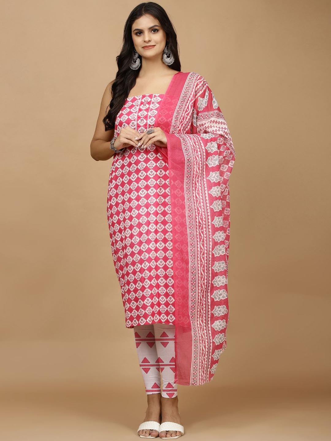 

Meena Bazaar Floral Printed Zari Unstitched Dress Material, Pink