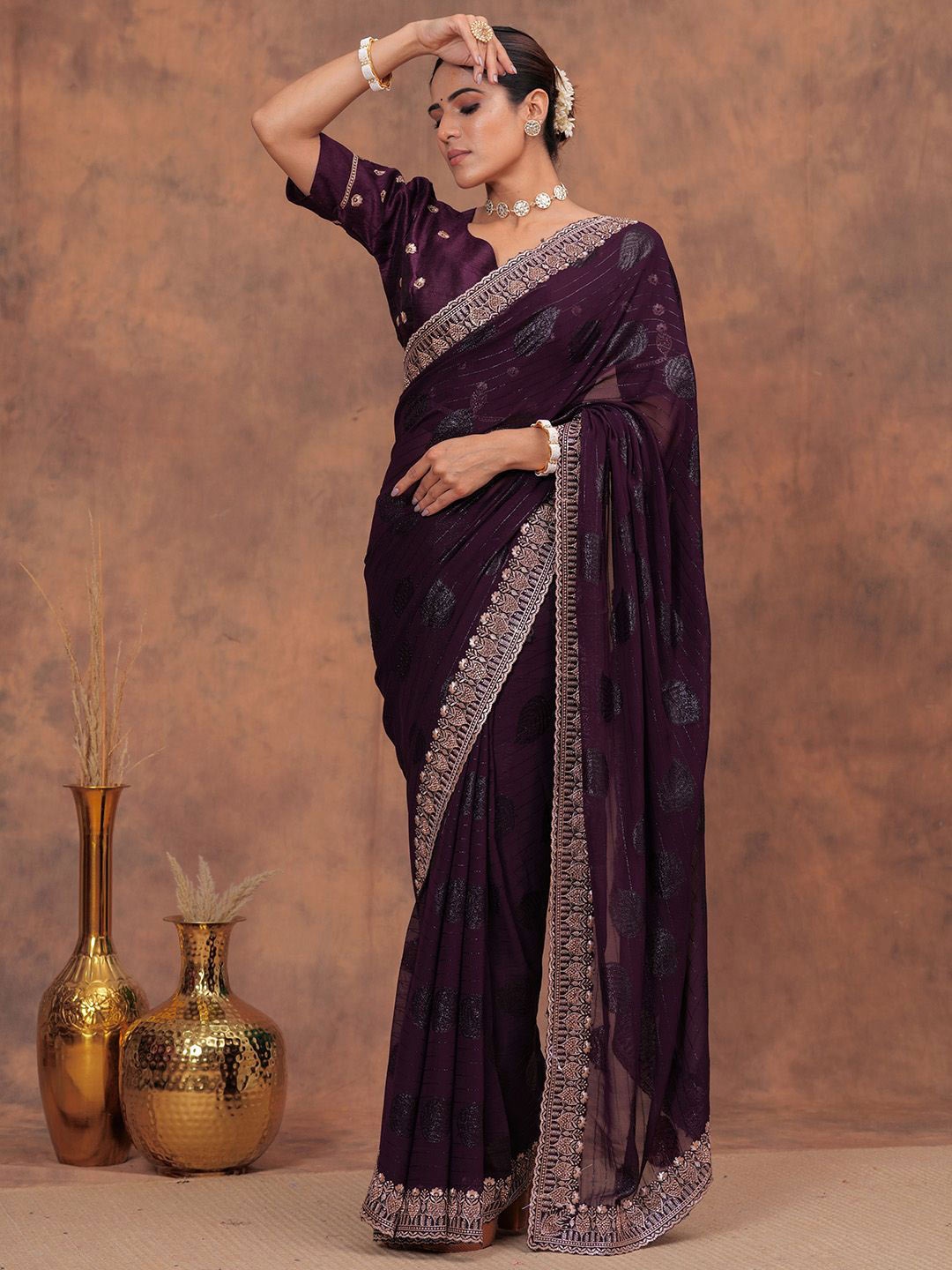 

HEARTLOOM Embellished Embroidered Silk Cotton Saree, Purple