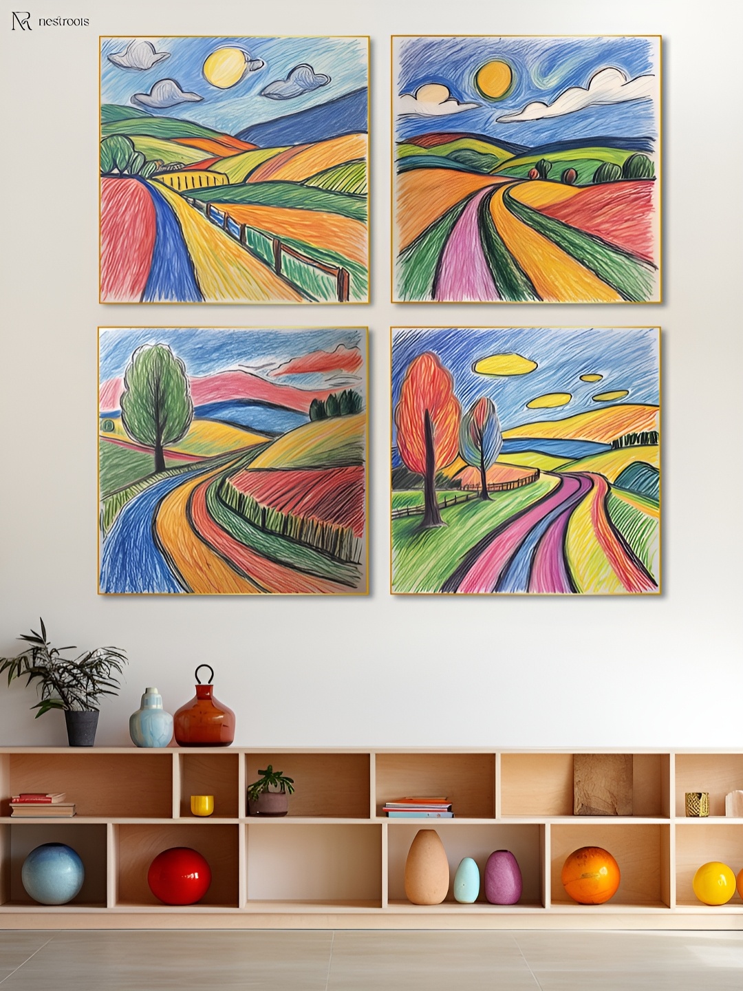 

nestroots Serene Path Through Lush Blue 4 Pieces Lush Landscape Canvas Painting Wall Art