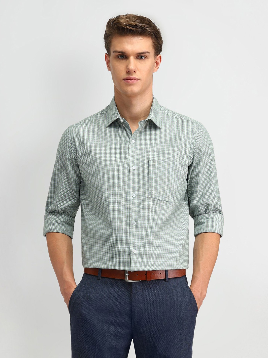

Arrow Men Classic Spread Collar Checked Cotton Formal Shirt, Green