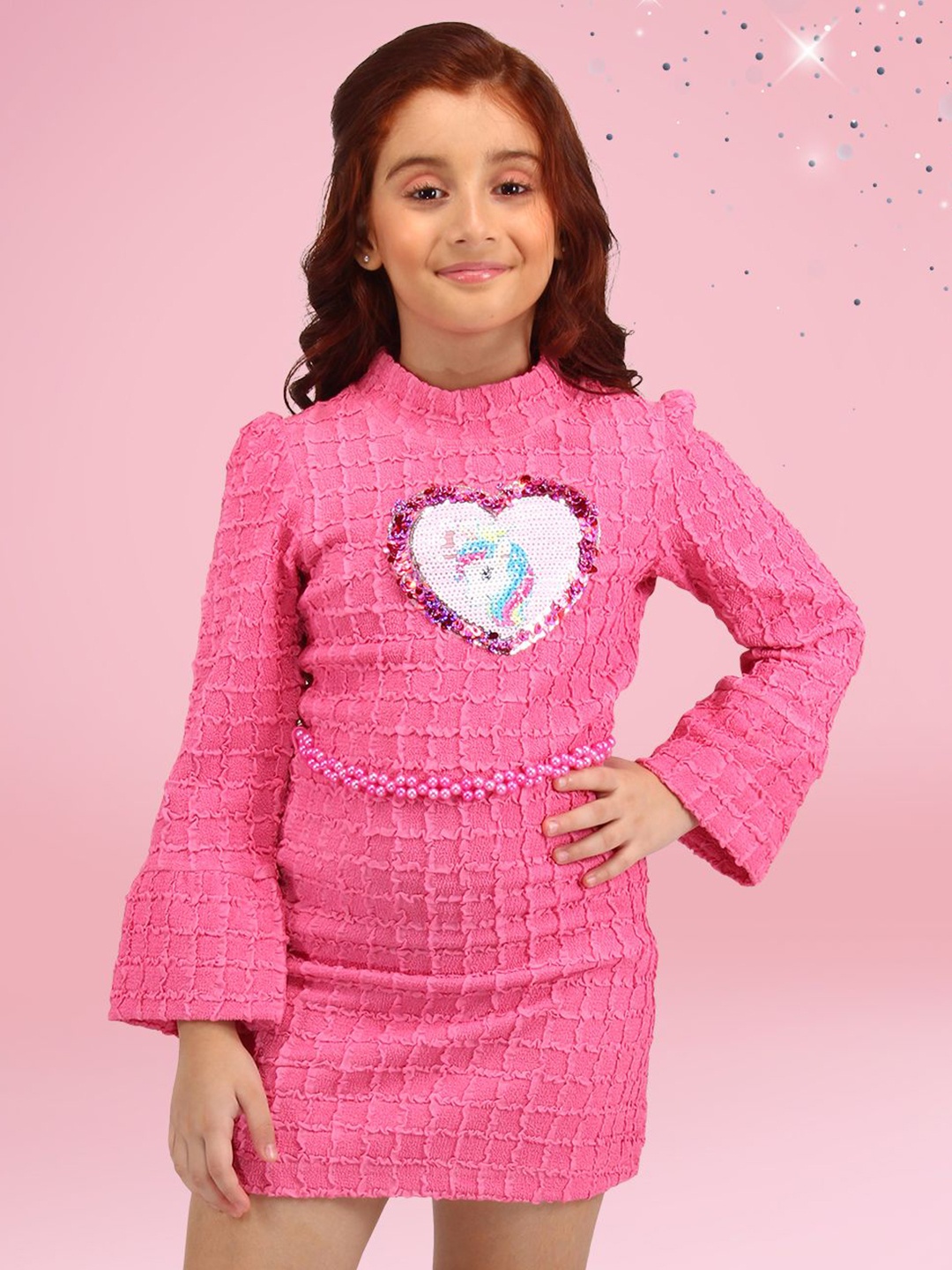 

CUTECUMBER Girls Embellished Bell Sleeve Applique Sheath Dress, Pink