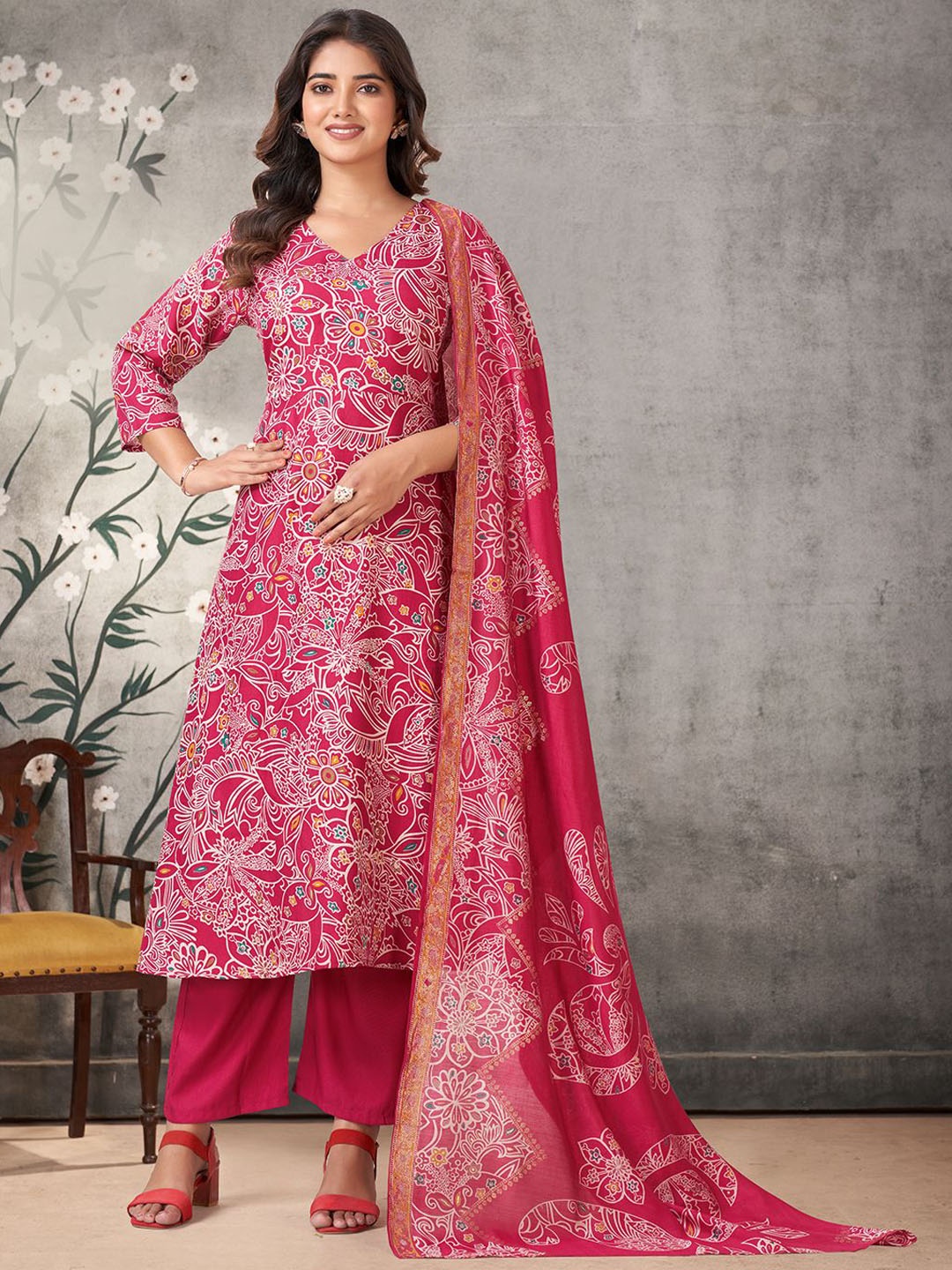 

KALINI Floral Printed V-Neck A-Line Kurta with Palazzos & Dupatta, Pink