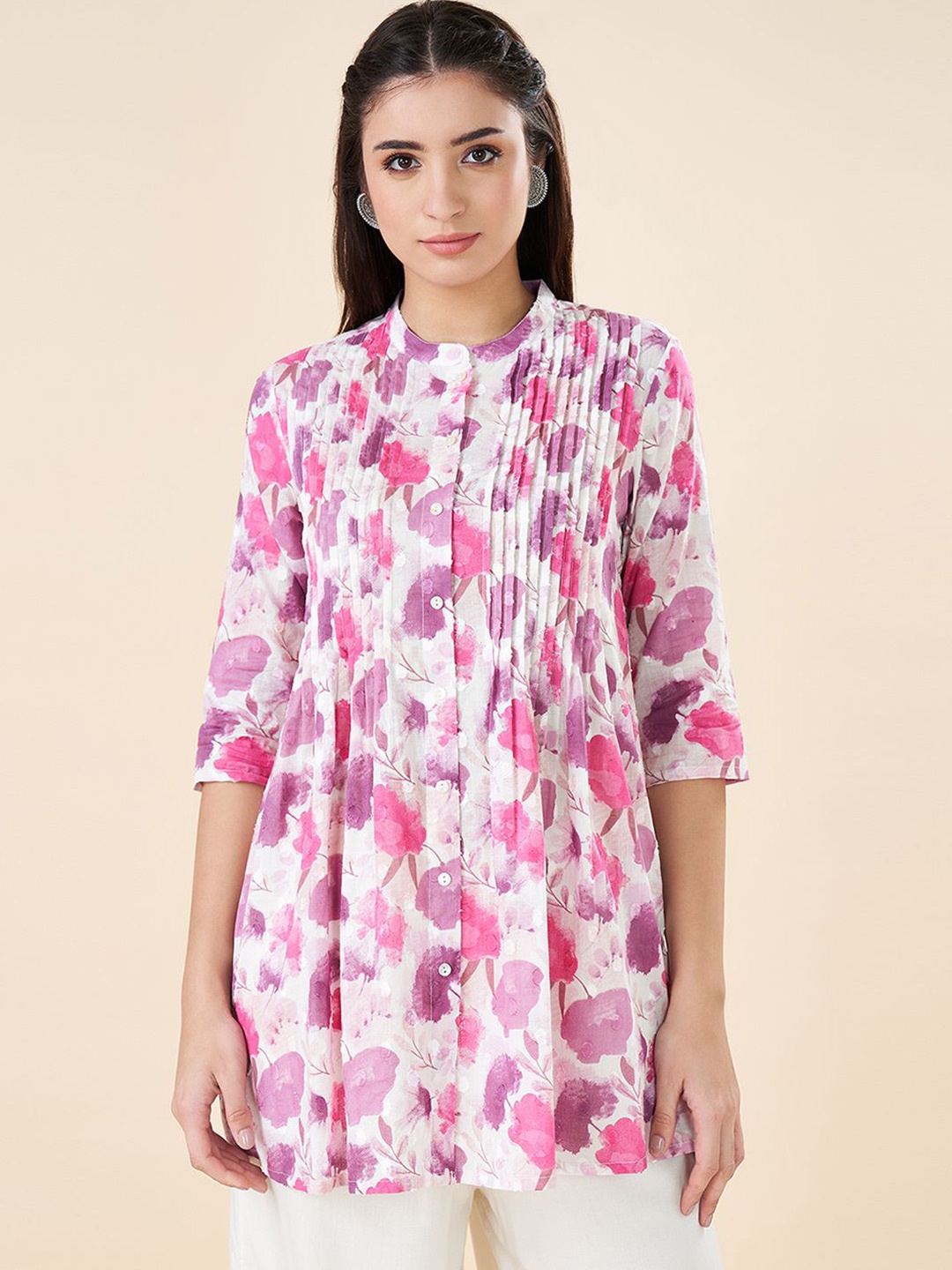 

RANGMANCH BY PANTALOONS Women Cotton Mandarin Collar Floral Printed Casual Tunic, Pink