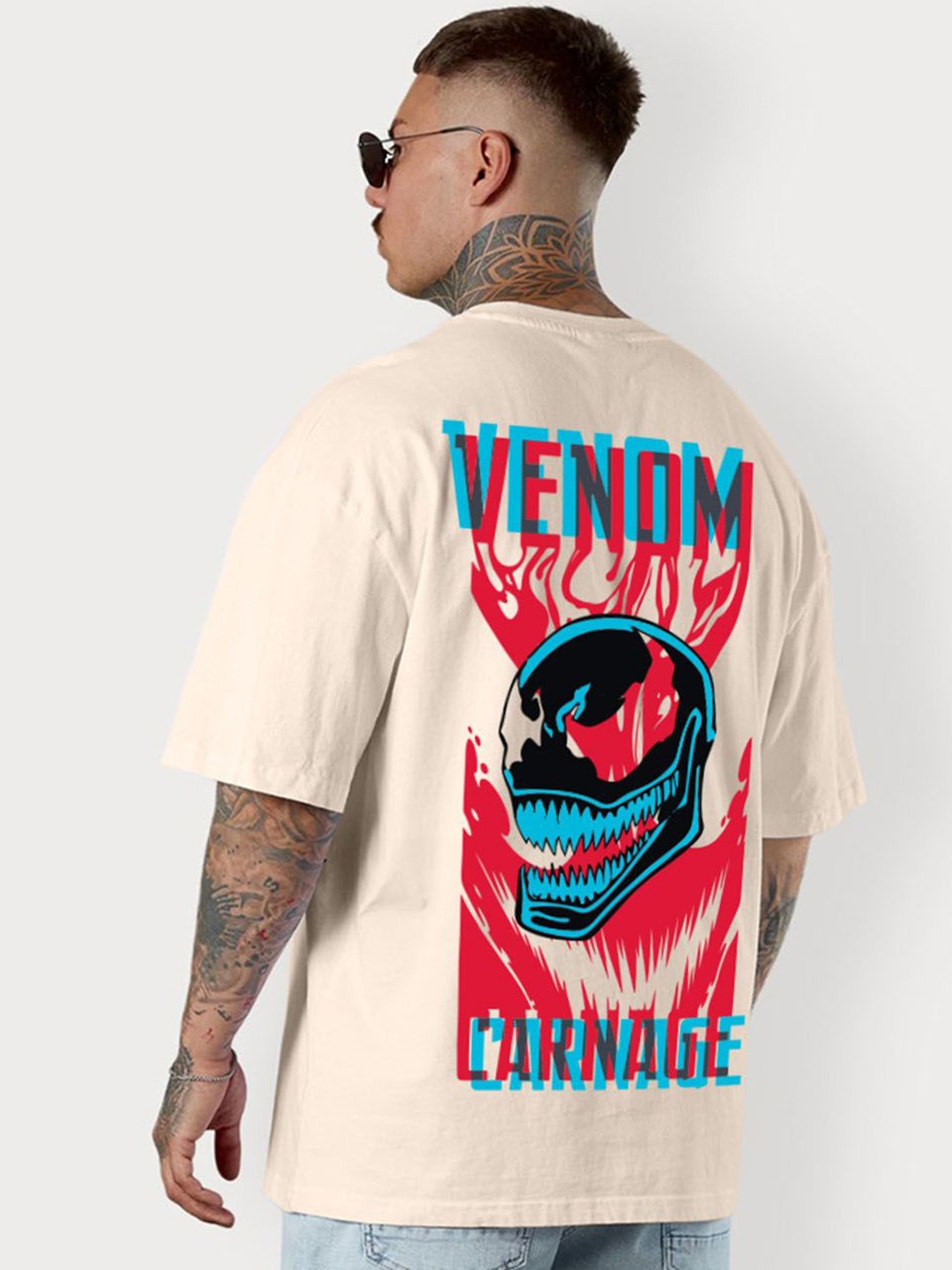 

VEIRDO Men Venom Graphic Printed Round Neck Pure Cotton Oversized T-shirt, Beige