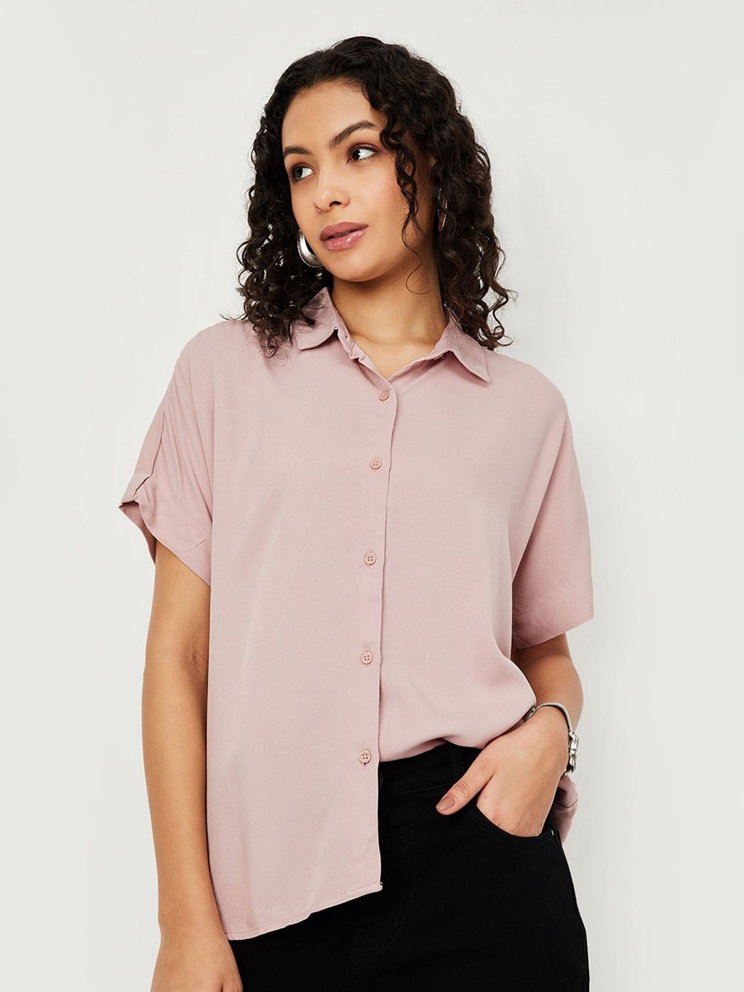 

max Women Spread Collar Solid Casual Shirt, Pink