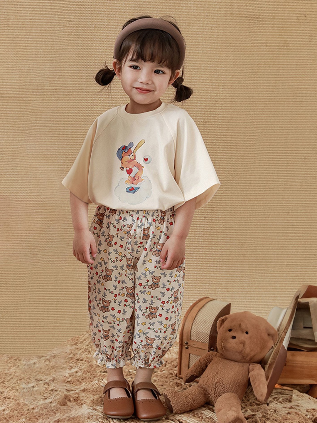 

LULU & SKY Girls Printed Top with Dhoti Pants, Beige