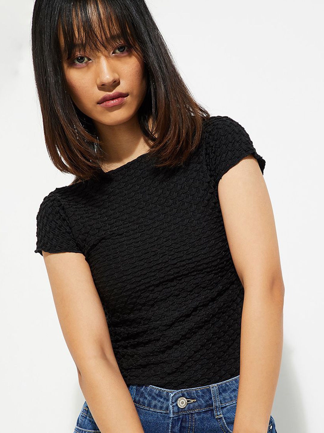 

MAX ALAYA F x URB_N Women Textured T-shirt, Black