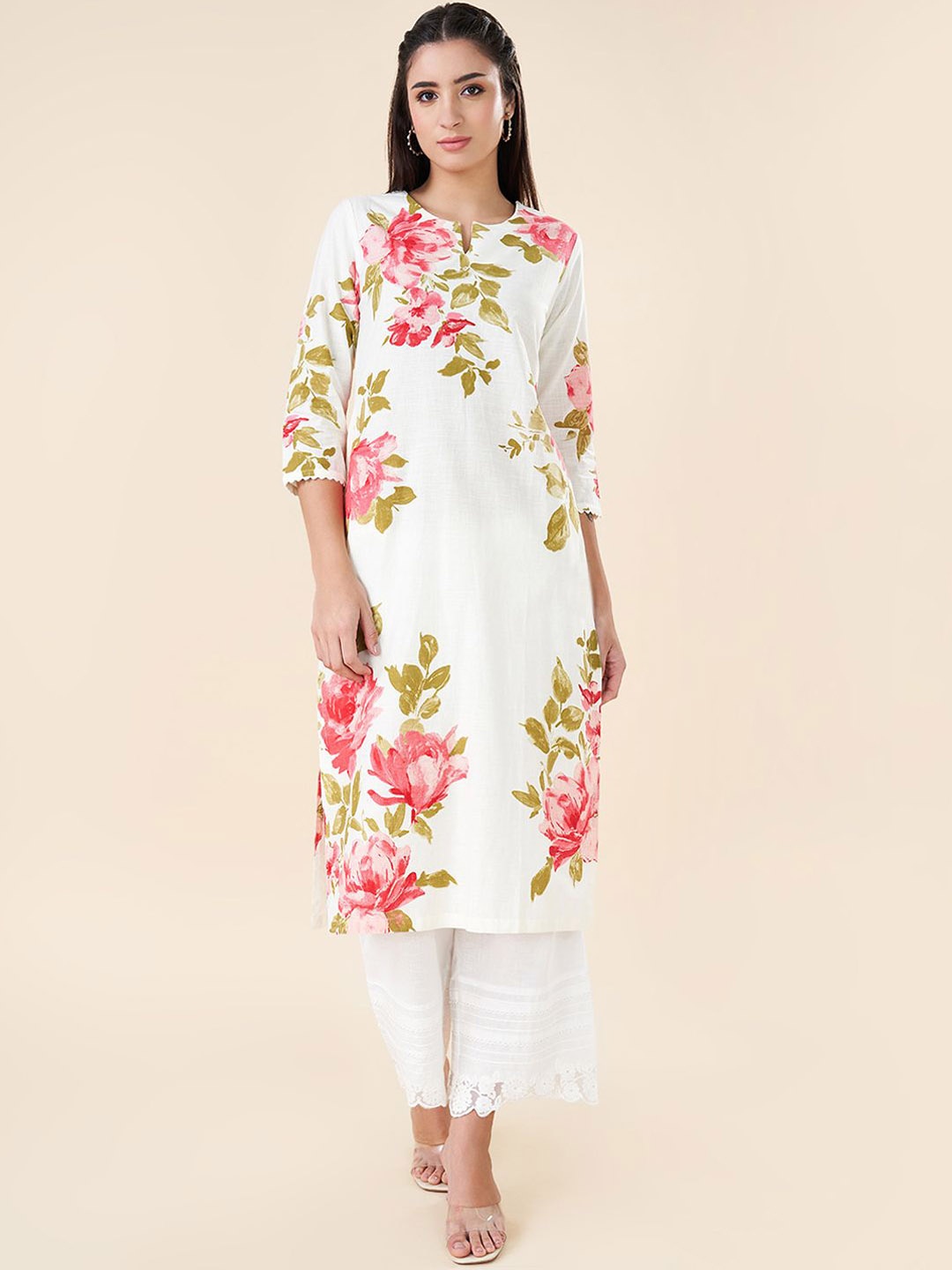 

RANGMANCH BY PANTALOONS Floral Printed Pure Cotton Straight Kurta, Off white