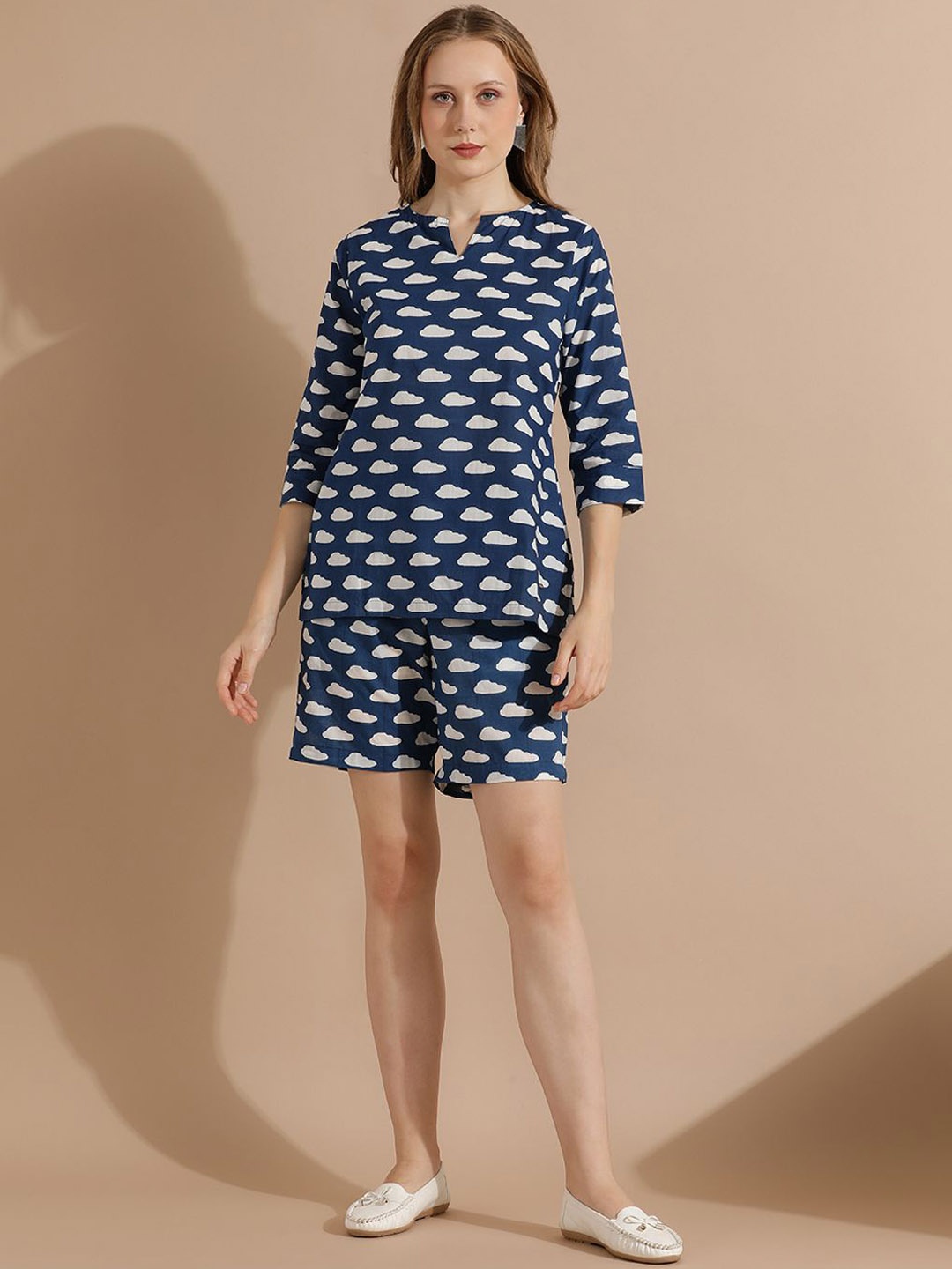 

Anouk Printed Pure Cotton Top With Shorts, Navy blue