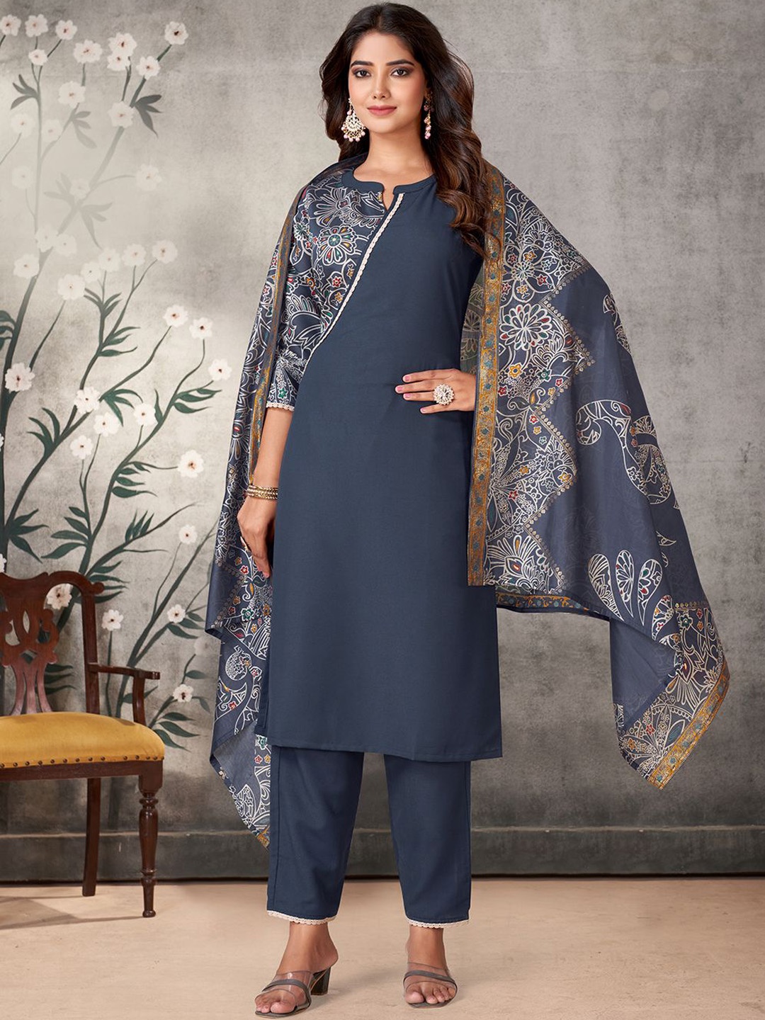 

KALINI Floral Printed Mandarin Collar Straight Kurta with Trousers & Dupatta, Grey