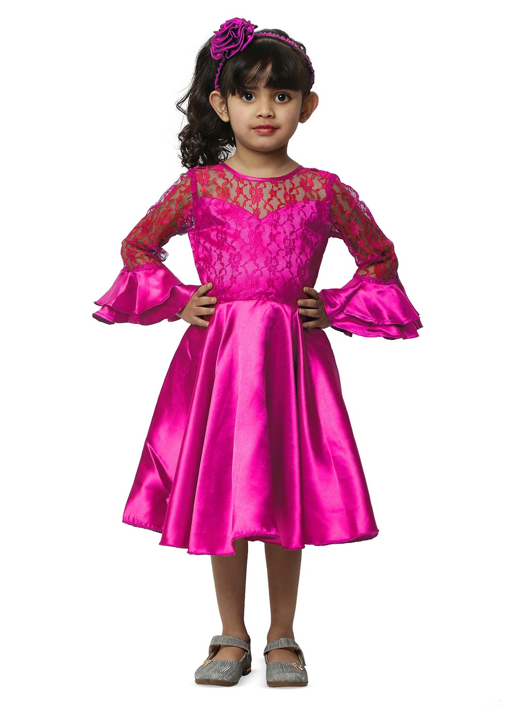 

Wish little Girls Self Design Accordion Pleats Lace Inserts A-Line Dress, Pink