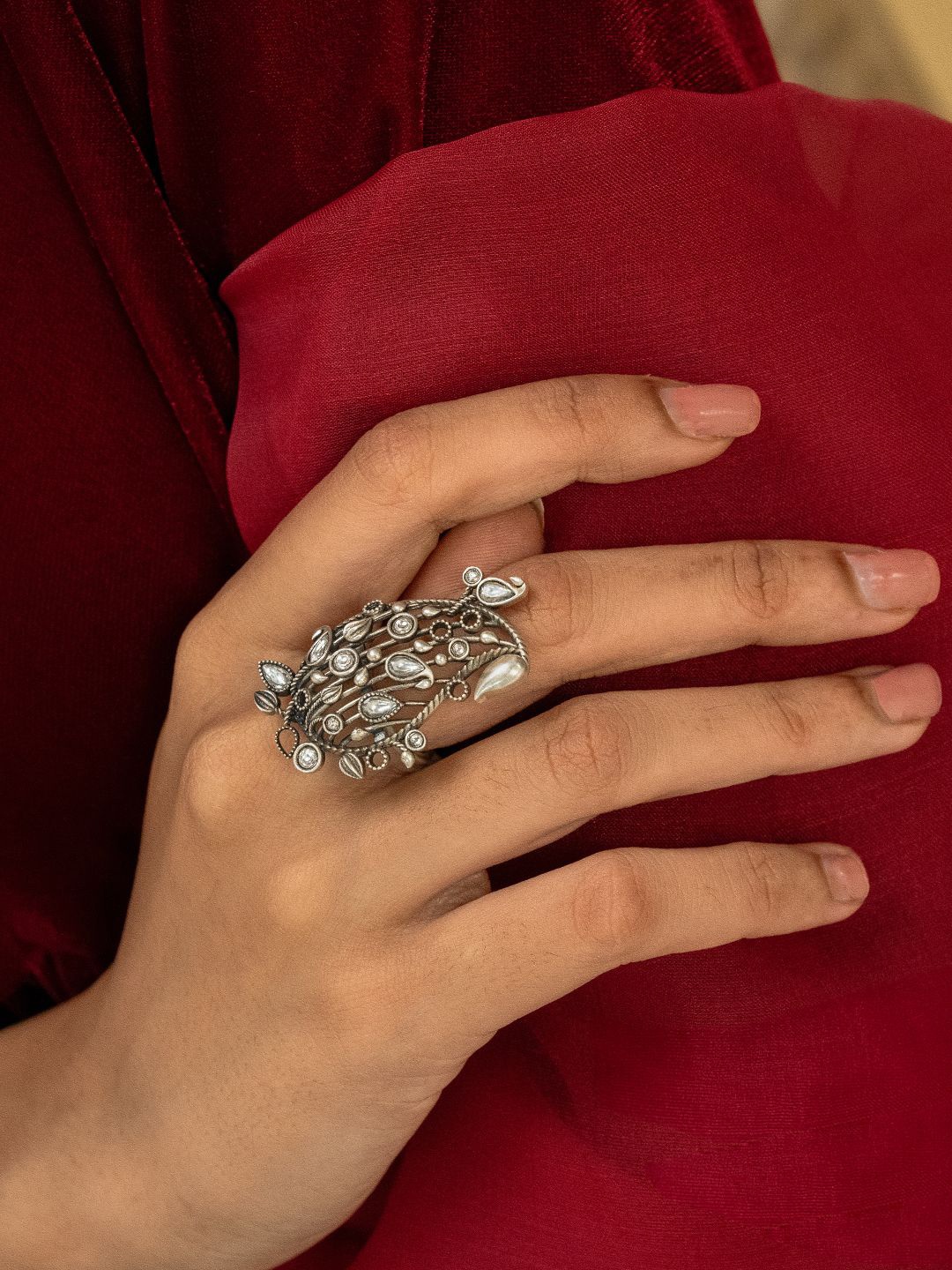 

SHAYA 925 Sterling Silver Adjustable Chham Chham Oxidised Finger Ring