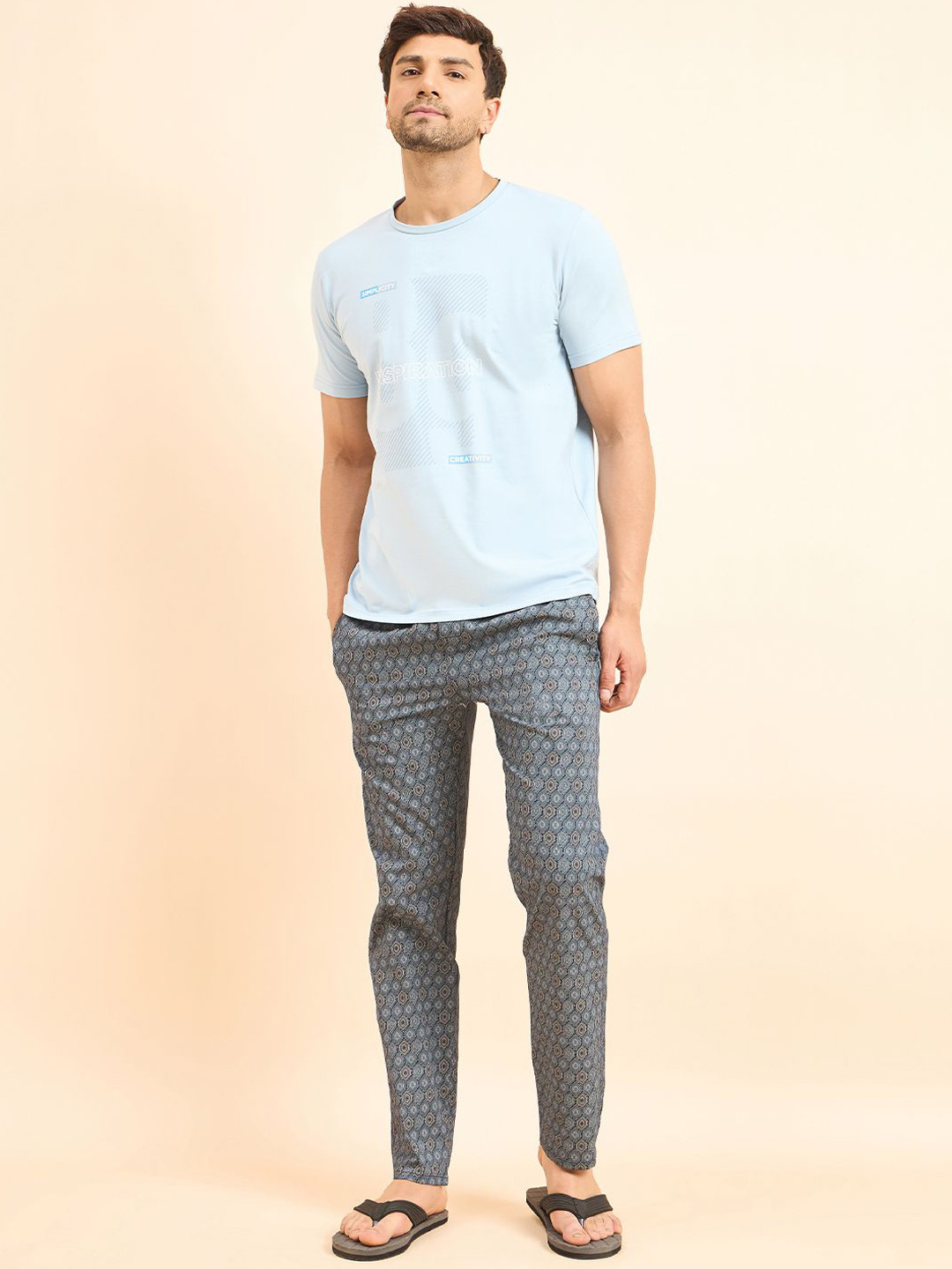 

Sweet Dreams Men Geometric Printed Night suit, Blue