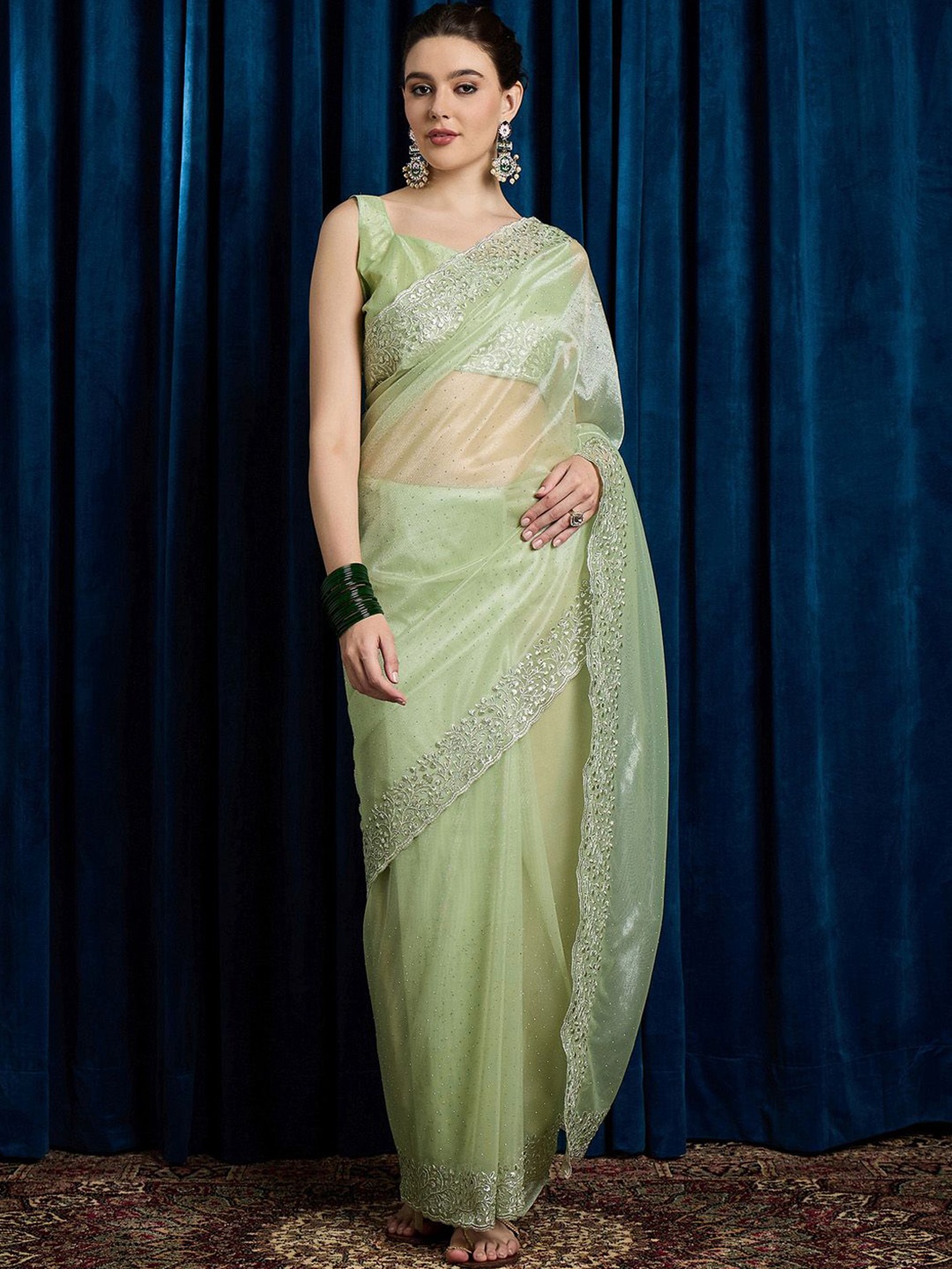 

Anouk Embellished Beads and Stones Net Saree, Green