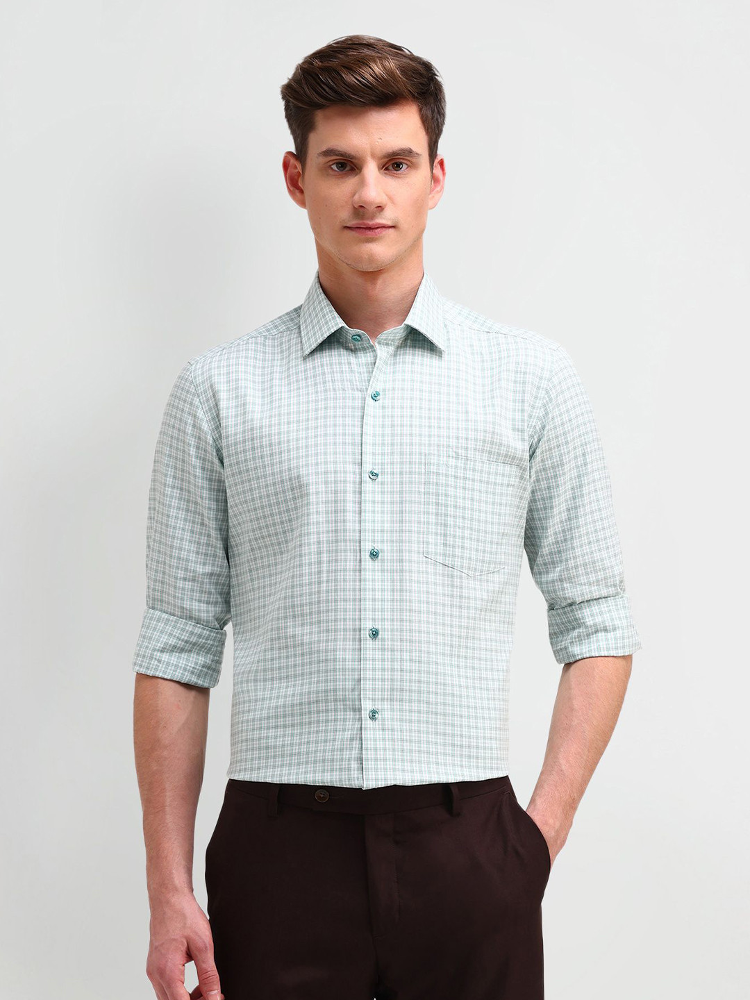 

Arrow Men Manhattan Spread Collar Checked Cotton Slim Fit Formal Shirt, Green