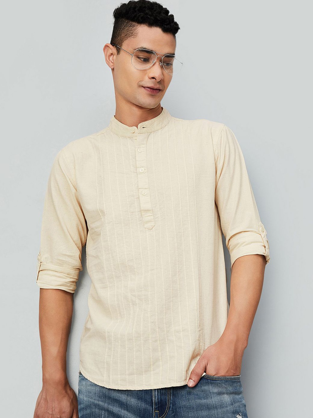 

max Band Collar Pure Cotton Kurta, Beige