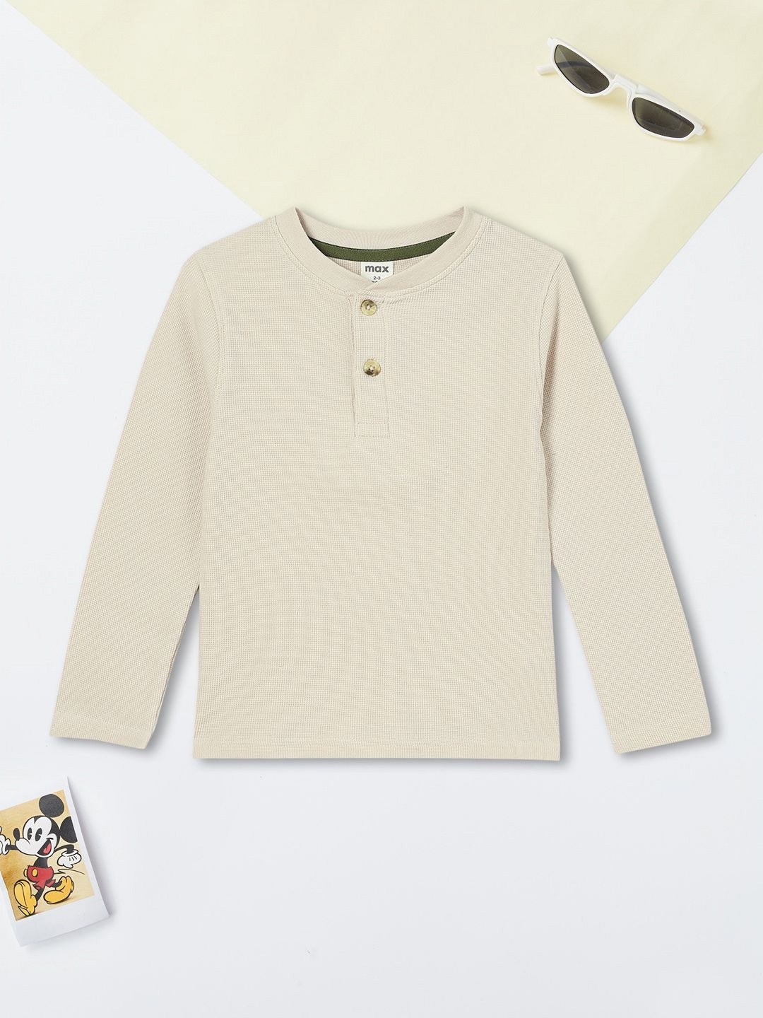

max Boys Solid Henley Neck Cotton T-shirt, Beige