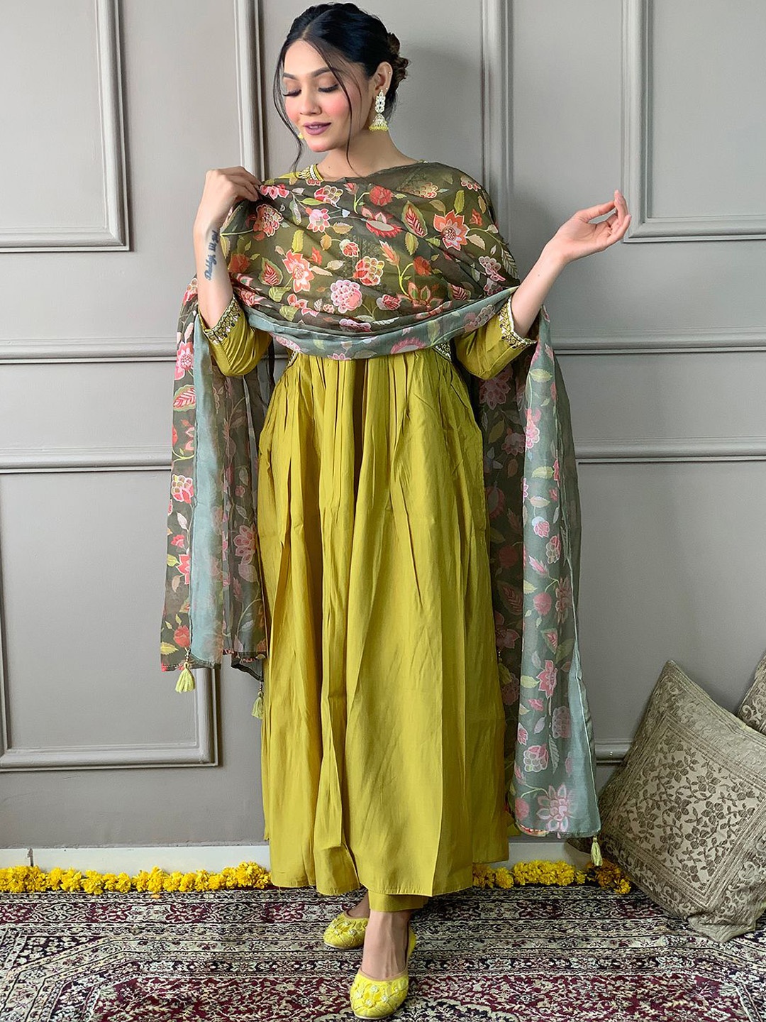 

KALINI Floral Embroidered Sequinned A-Line Kurta With Trousers & Dupatta, Yellow