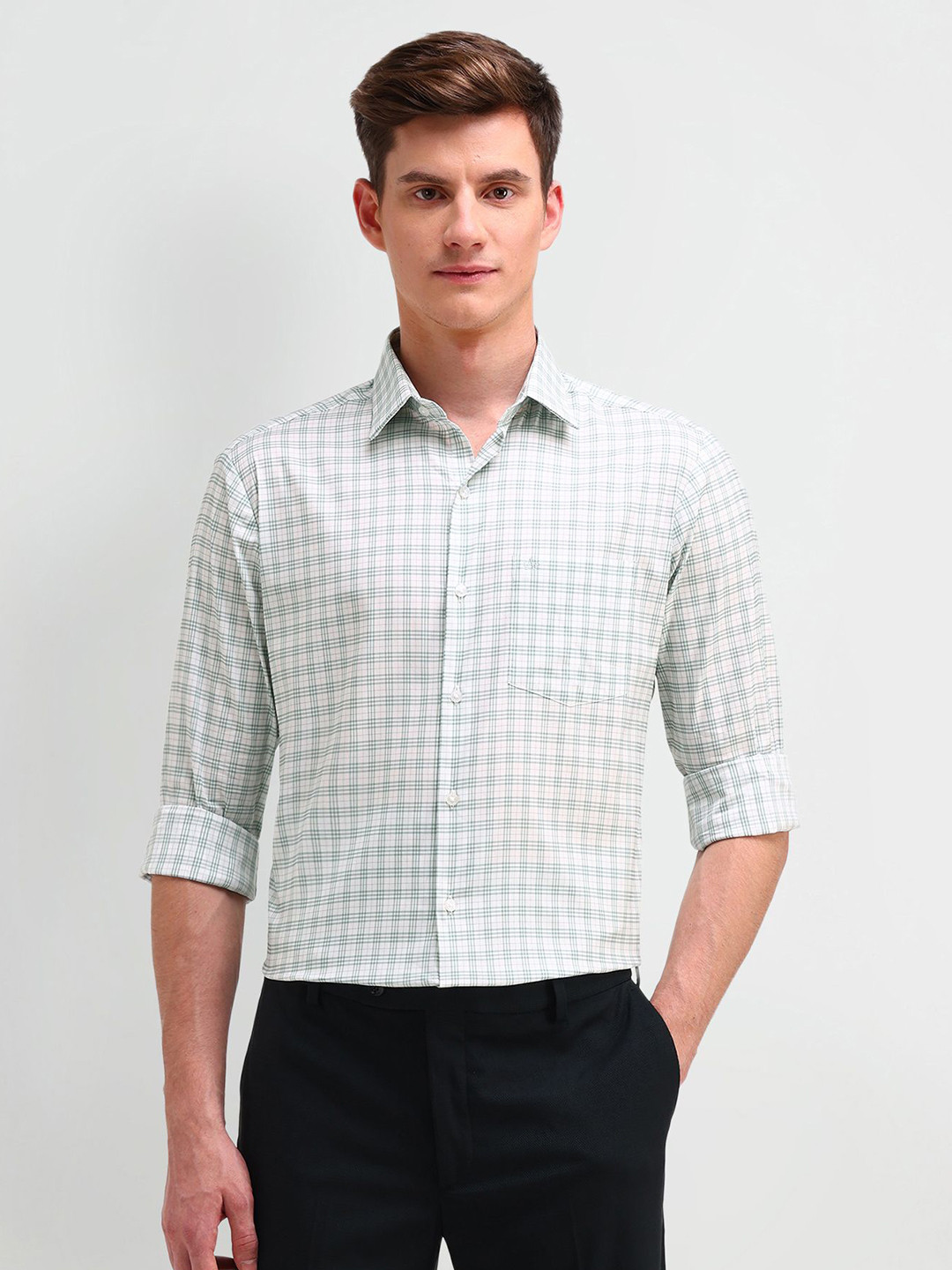 

Arrow Men Manhattan Spread Collar Checked Cotton Slim Fit Formal Shirt, Green