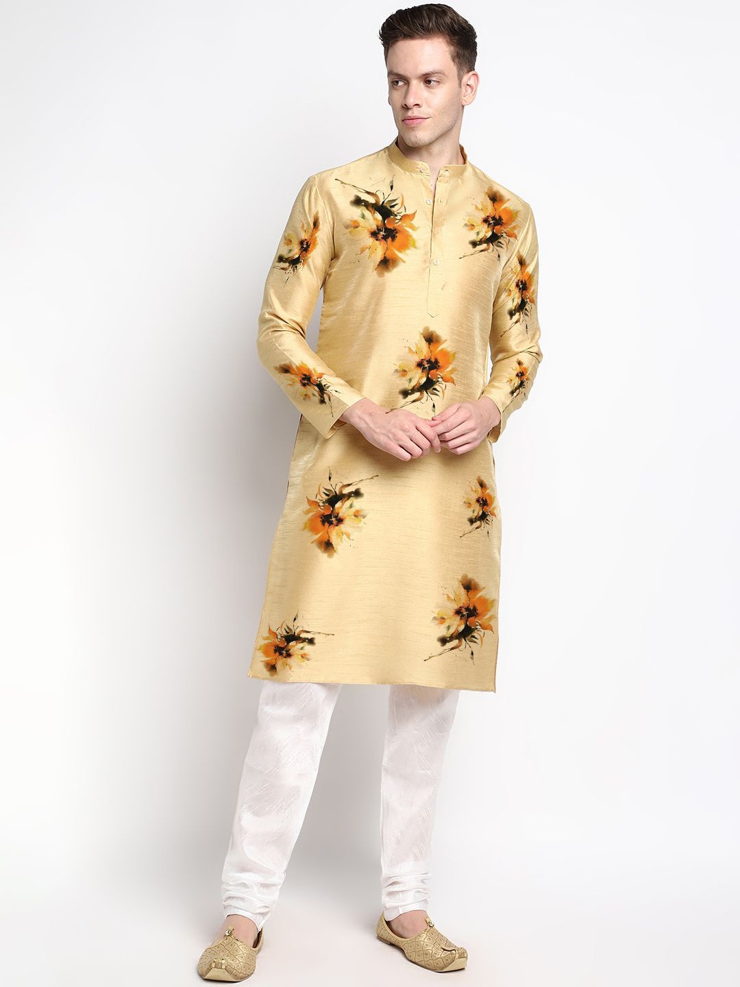 

DEVOILER Floral Printed Regular Art Silk Straight Kurta, Beige