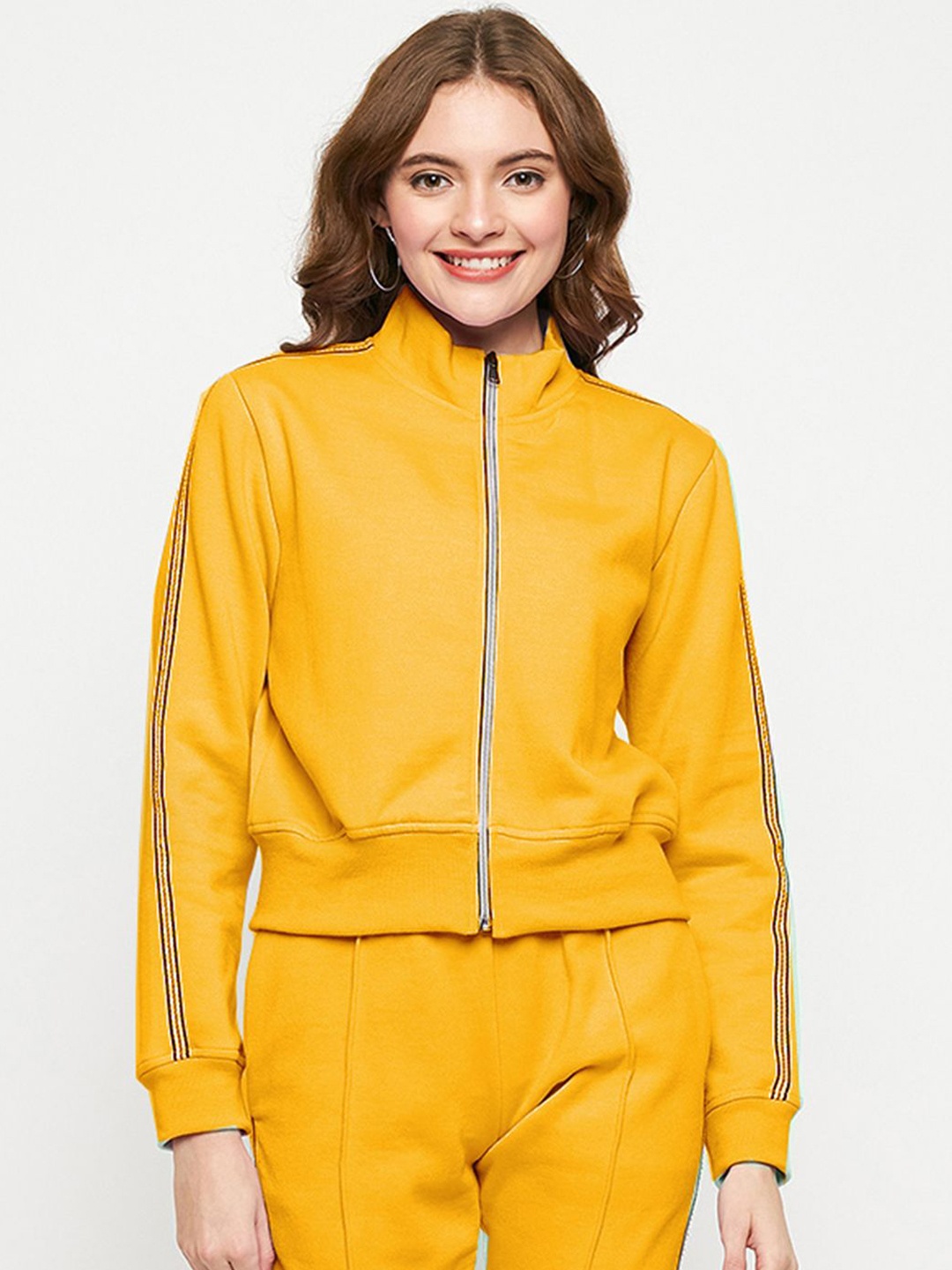 

BRINNS Women Mock Collar Solid Fleece Casual Bomber Jacket, Mustard