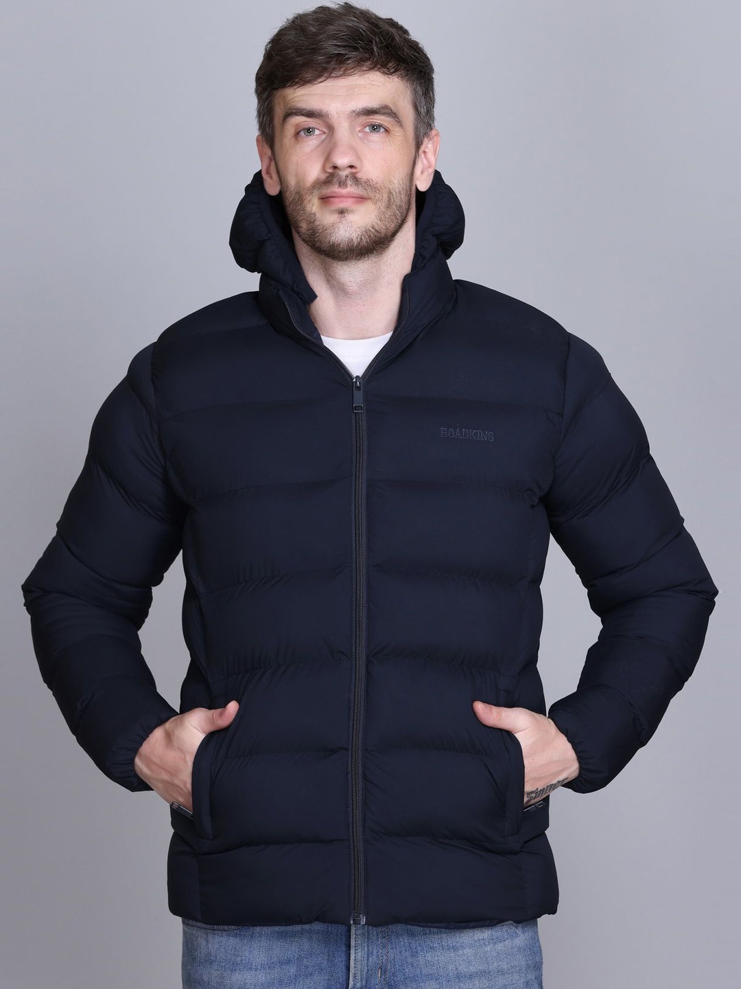 

Roadking Men Hooded Solid Casual Puffer Jacket, Navy blue