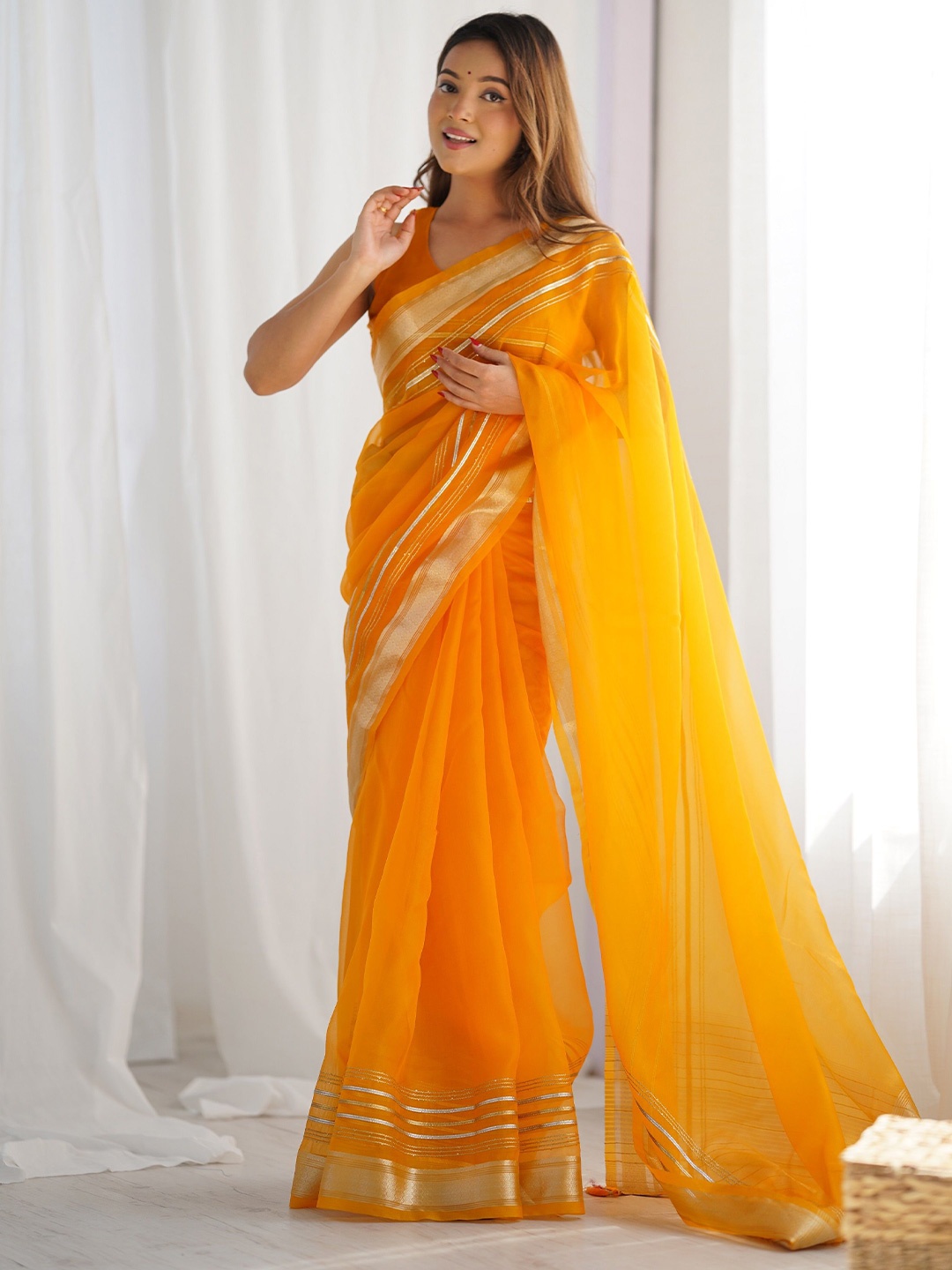 

CANIZZARO Embellished Zari Border Organza Saree With Blouse Piece, Yellow