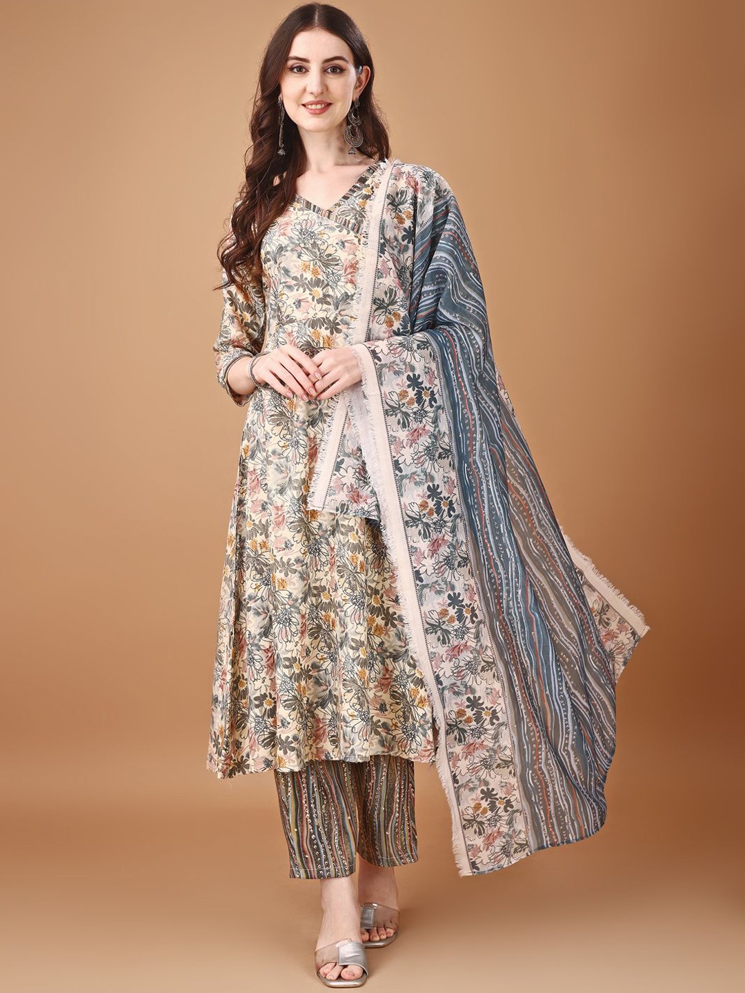 

KALINI Floral Printed V-Neck Anarkali Kurta with Trousers & Dupatta, Beige