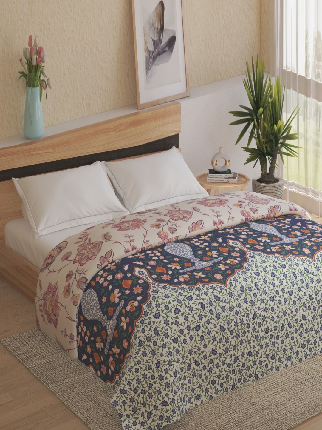 

Home Centre Beige & Blue Floral Double Bed Comforter