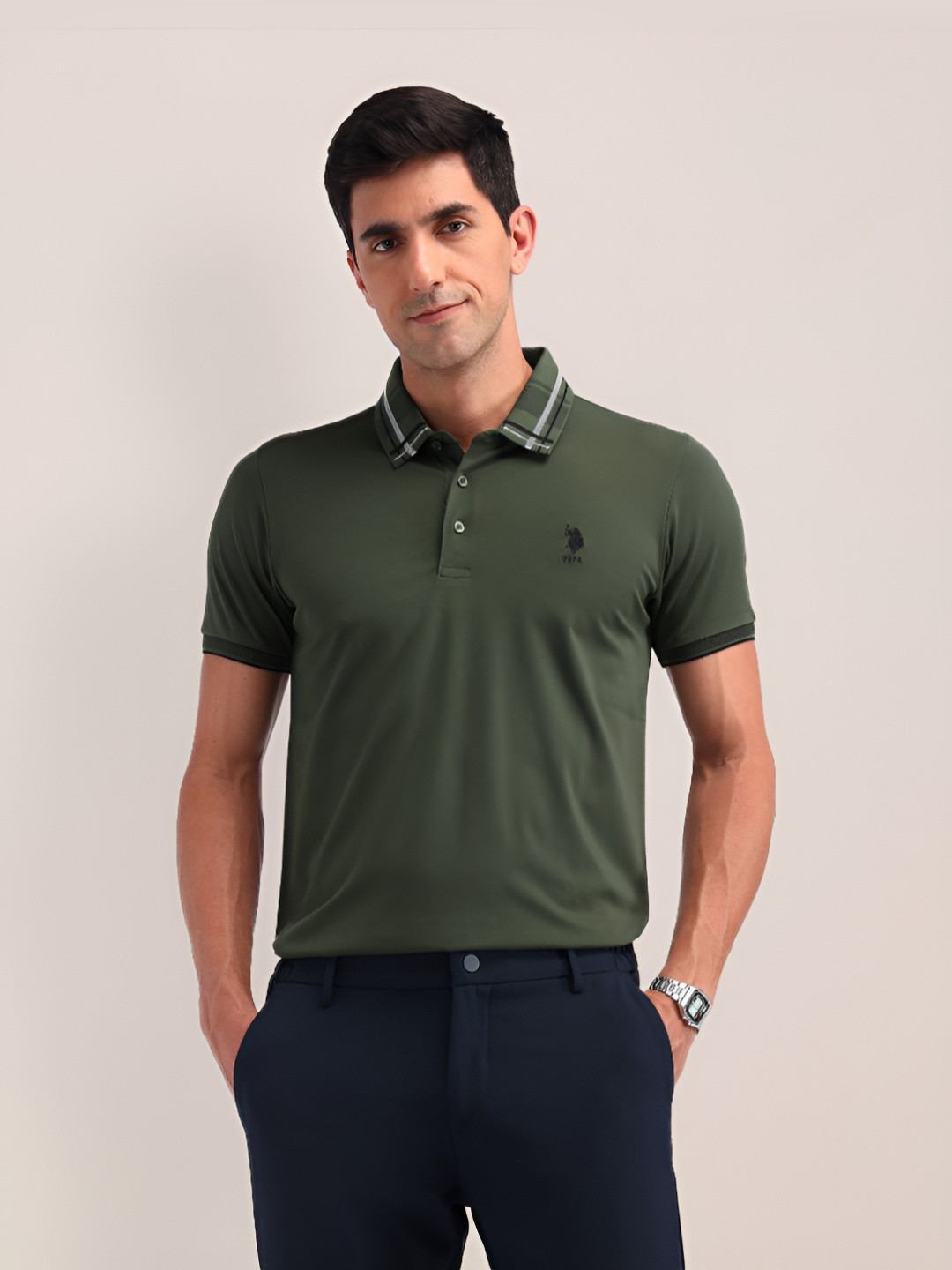 

U.S. Polo Assn. Men Solid Polo Collar Slim Fit T-shirt, Olive