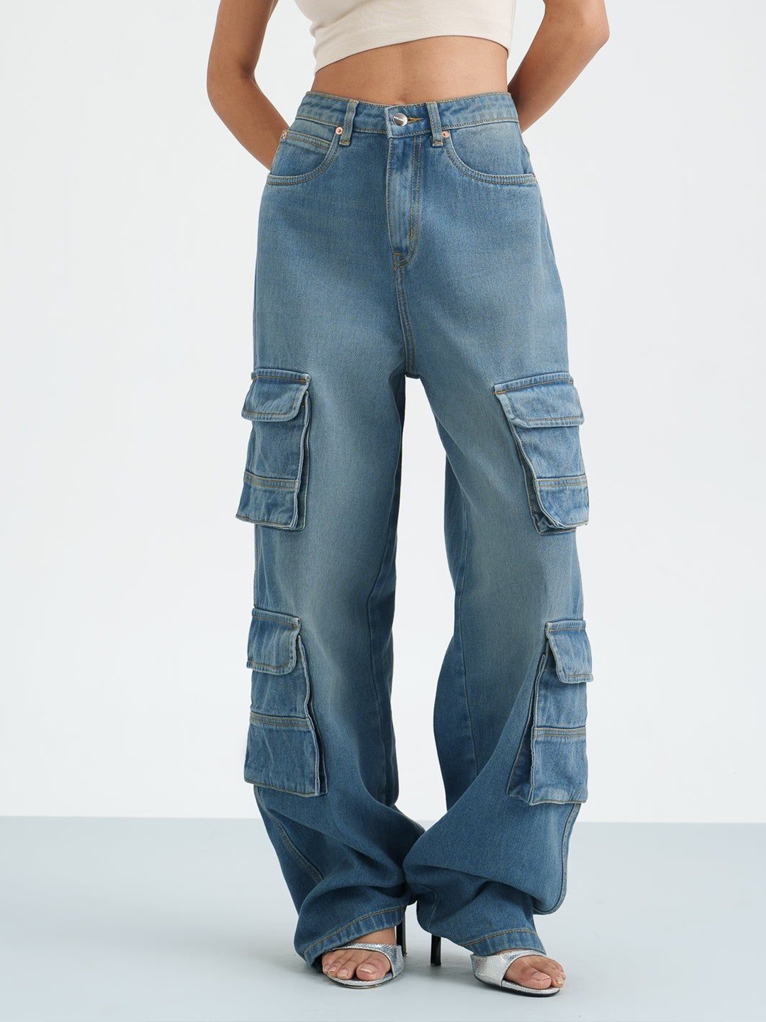 

FREAKINS Women Pure Cotton Relaxed Fit High-Rise Cargo Style Jeans, Blue