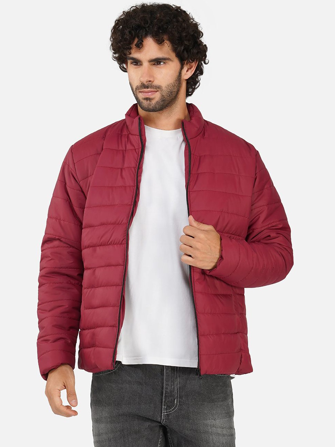 

BAESD Men Mock Collar Solid Casual Puffer Jacket, Maroon