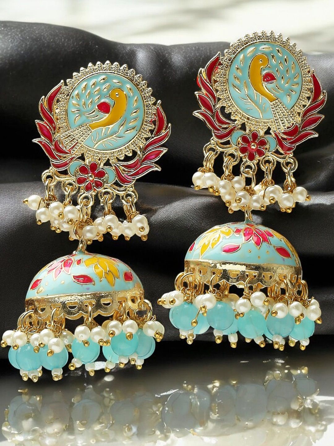 

OOMPH Peacock Shaped Meenakari Jhumkas, Blue