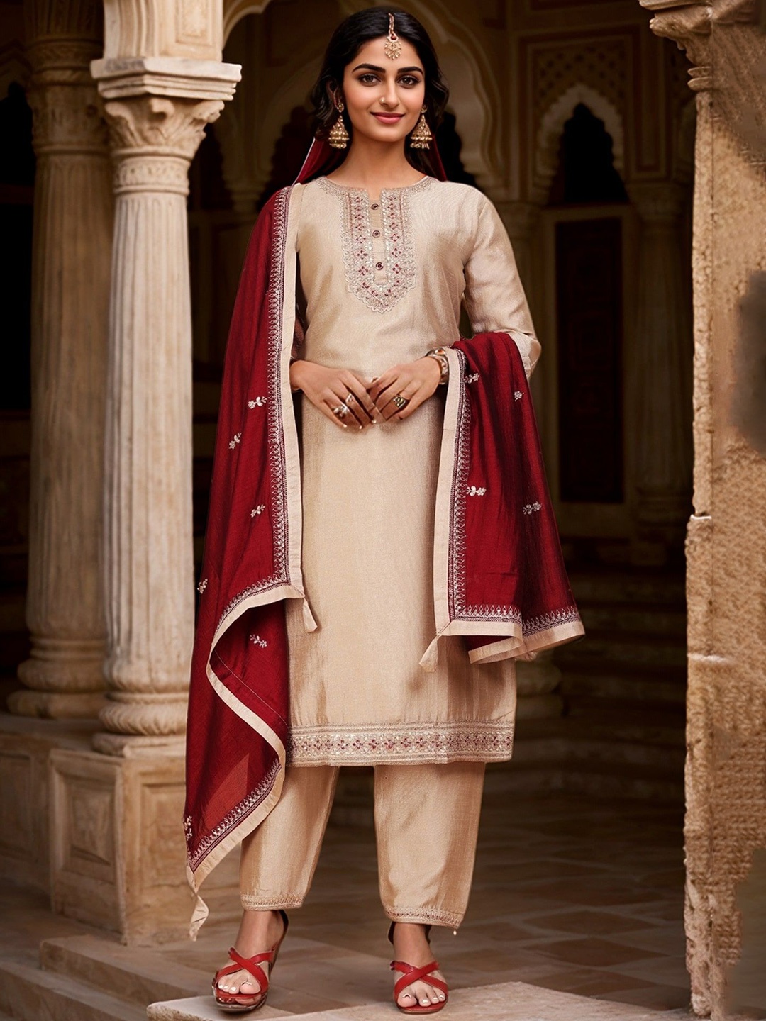 

Sanwariya Silk Women Floral Embroidered Regular Thread Work Pure Silk Kurta with Trousers & With Dupatta, Cream