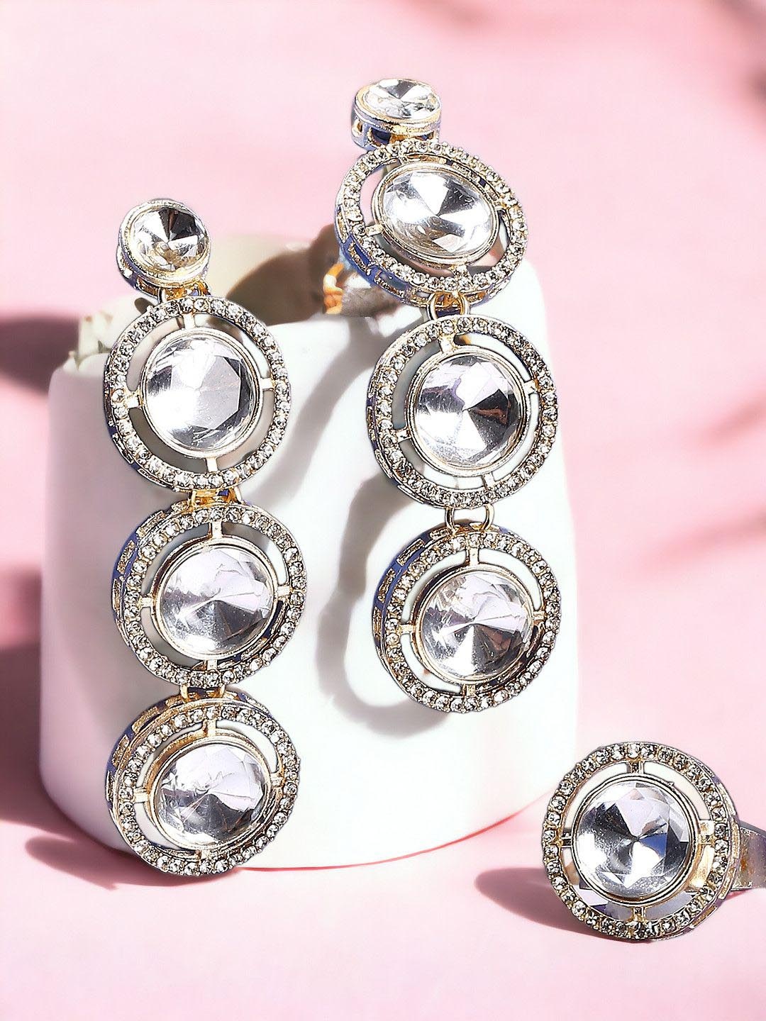 

OOMPH Jadau Kundan Studded Finger Ring and Earrings, Gold
