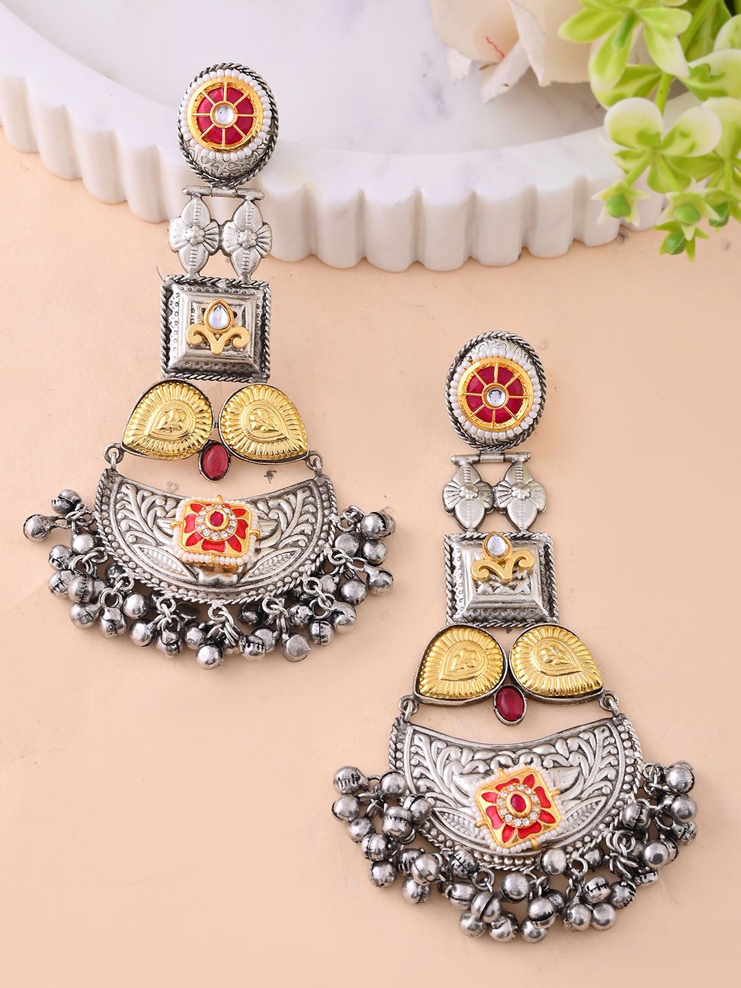 

Voylla Silver Plated Stone Studded & Beaded Contemporary Drop Earrings