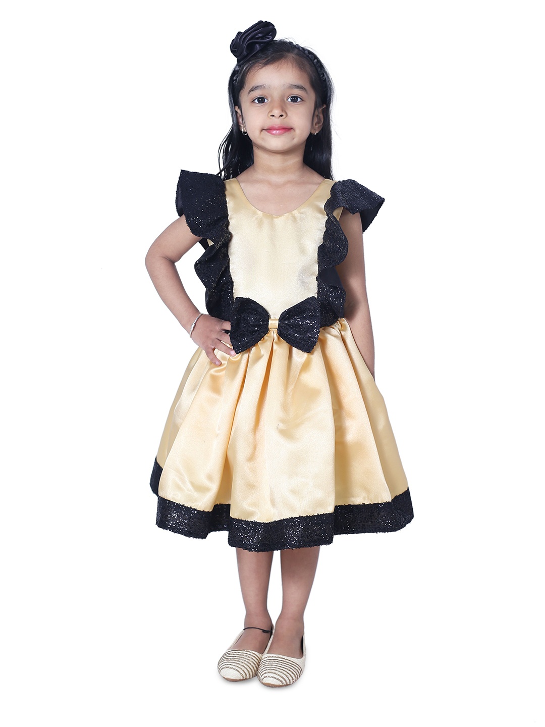 

Wish little Girls Bow Detail Satin Fit & Flare Dress, Gold