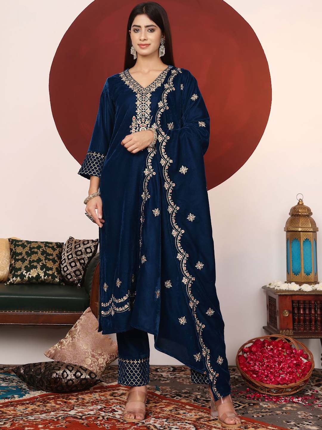 

Varanga Teal Blue Floral Embroidered V-Neck Velvet Straight Kurta with Trousers & Dupatta