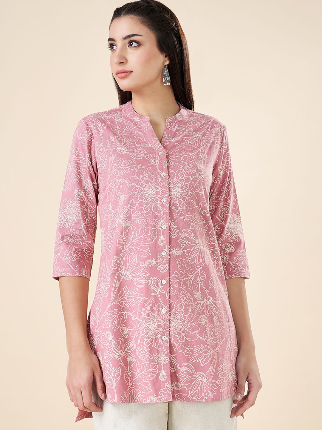 

RANGMANCH BY PANTALOONS Women Cotton Mandarin Collar Three-Quarter Sleeves Printed Tunic, Pink