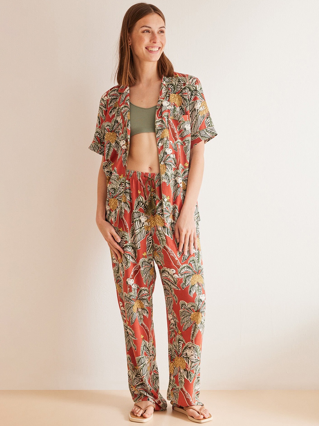 

women'secret Crinkled Tropical Print Night Suit, Rust